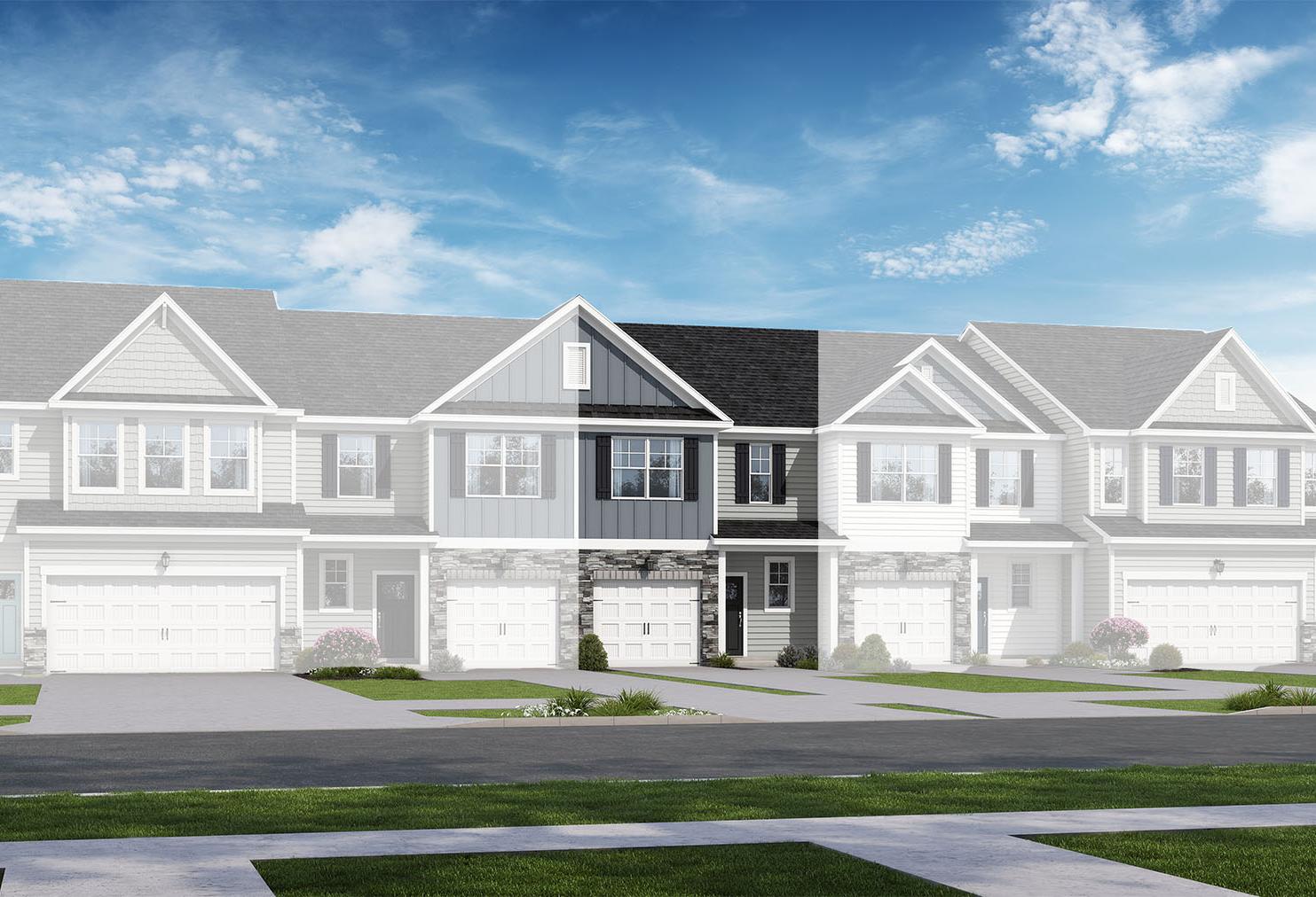 Modern multi-family townhome elevation of The Warren by Davidson Homes, 2-story units with garages and siding in Lillington NC