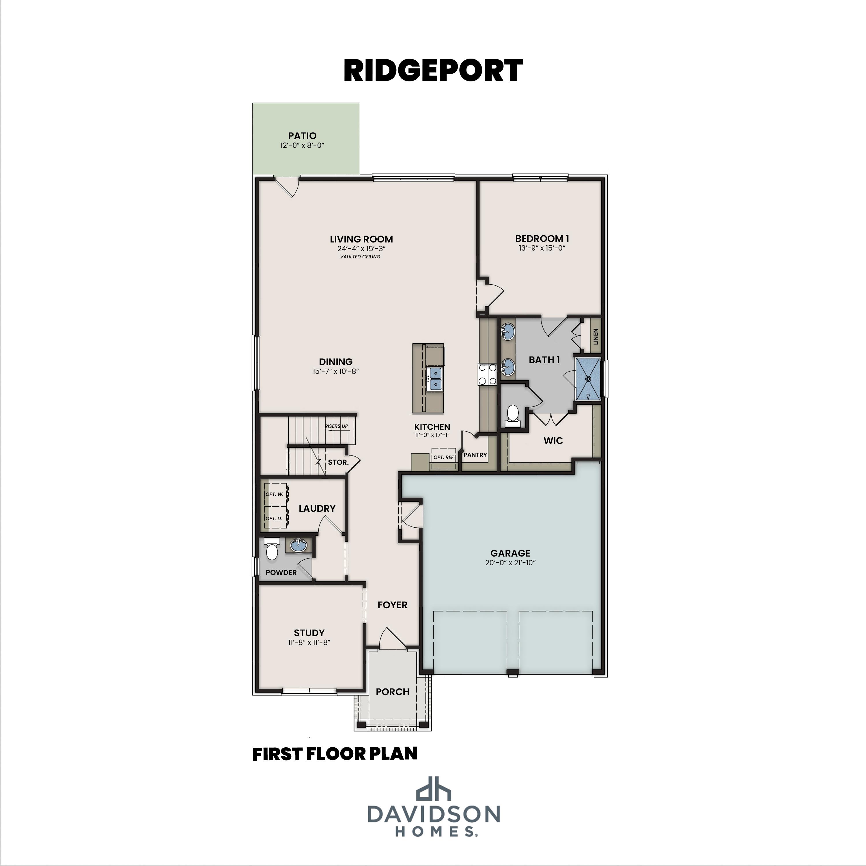First floor plan of The Ridgeport by Davidson Homes showing open-concept living, kitchen, study, and 2-car garage