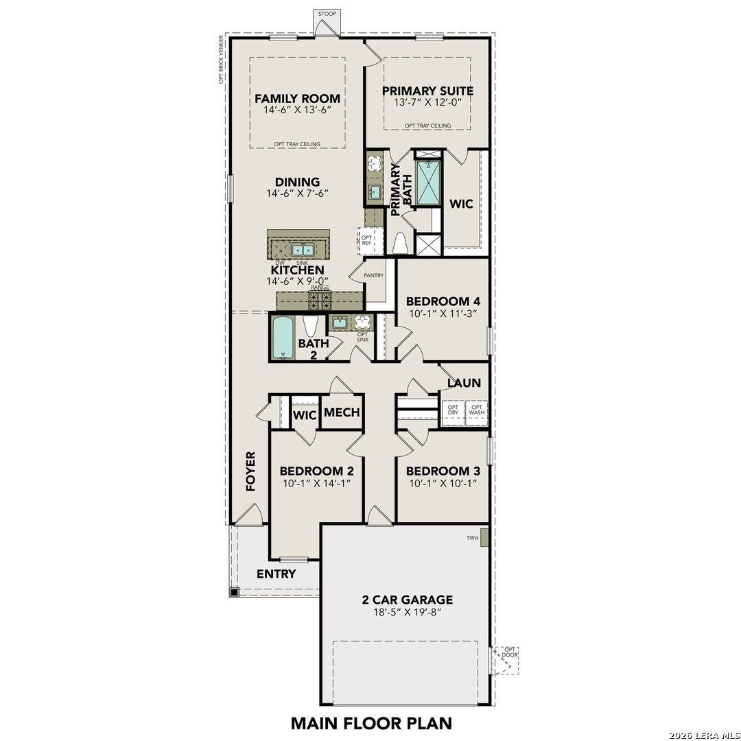 Detailed main floor plan of The Colorado D: 4-bedroom, 2-bath, 1,590 sq ft 1-story layout with 2-car garage in Agave, San Antonio