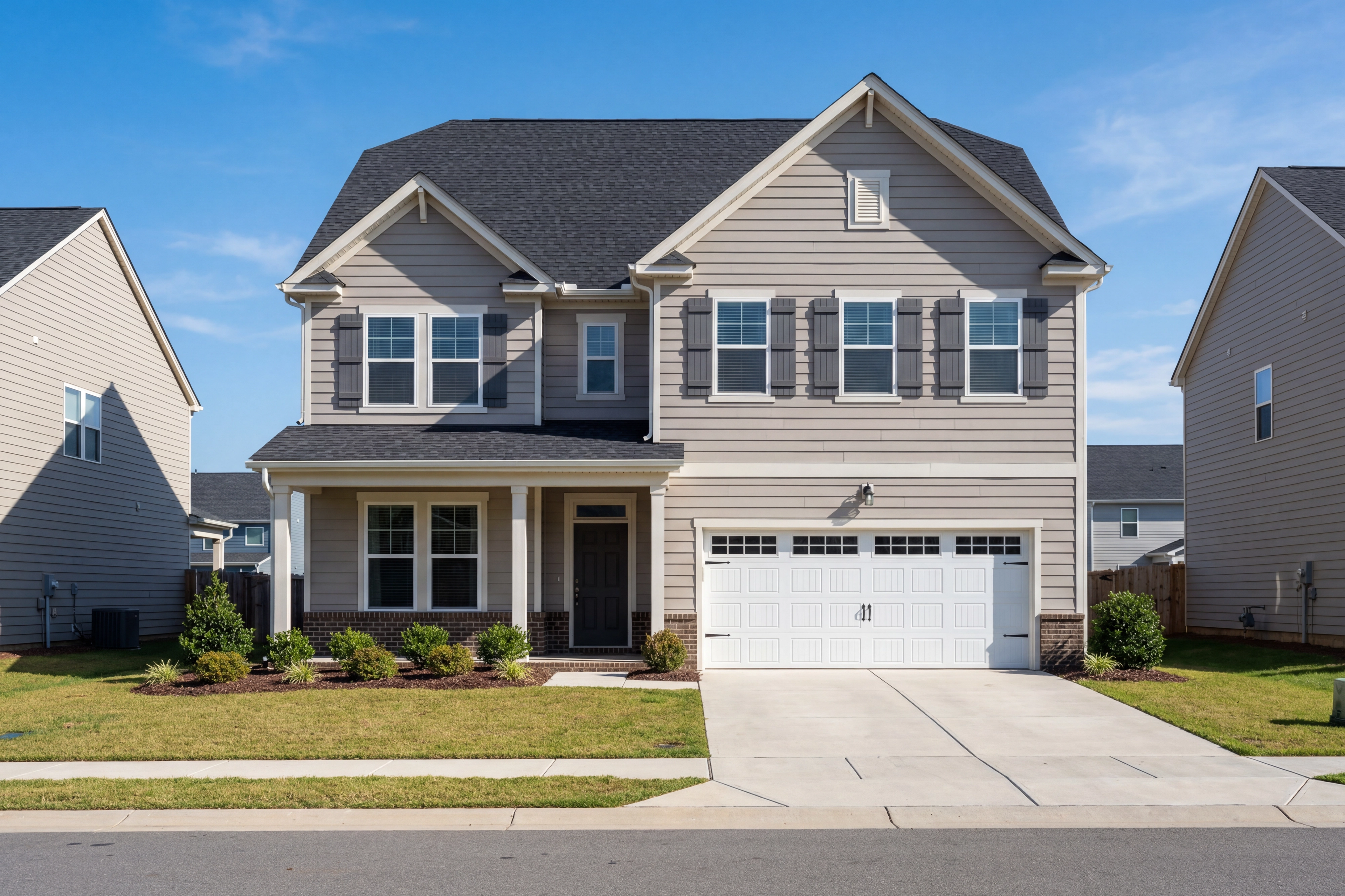 The Aspen 2-story home elevation with brick and vinyl exterior, covered porch, 2-car garage in Holly Springs NC