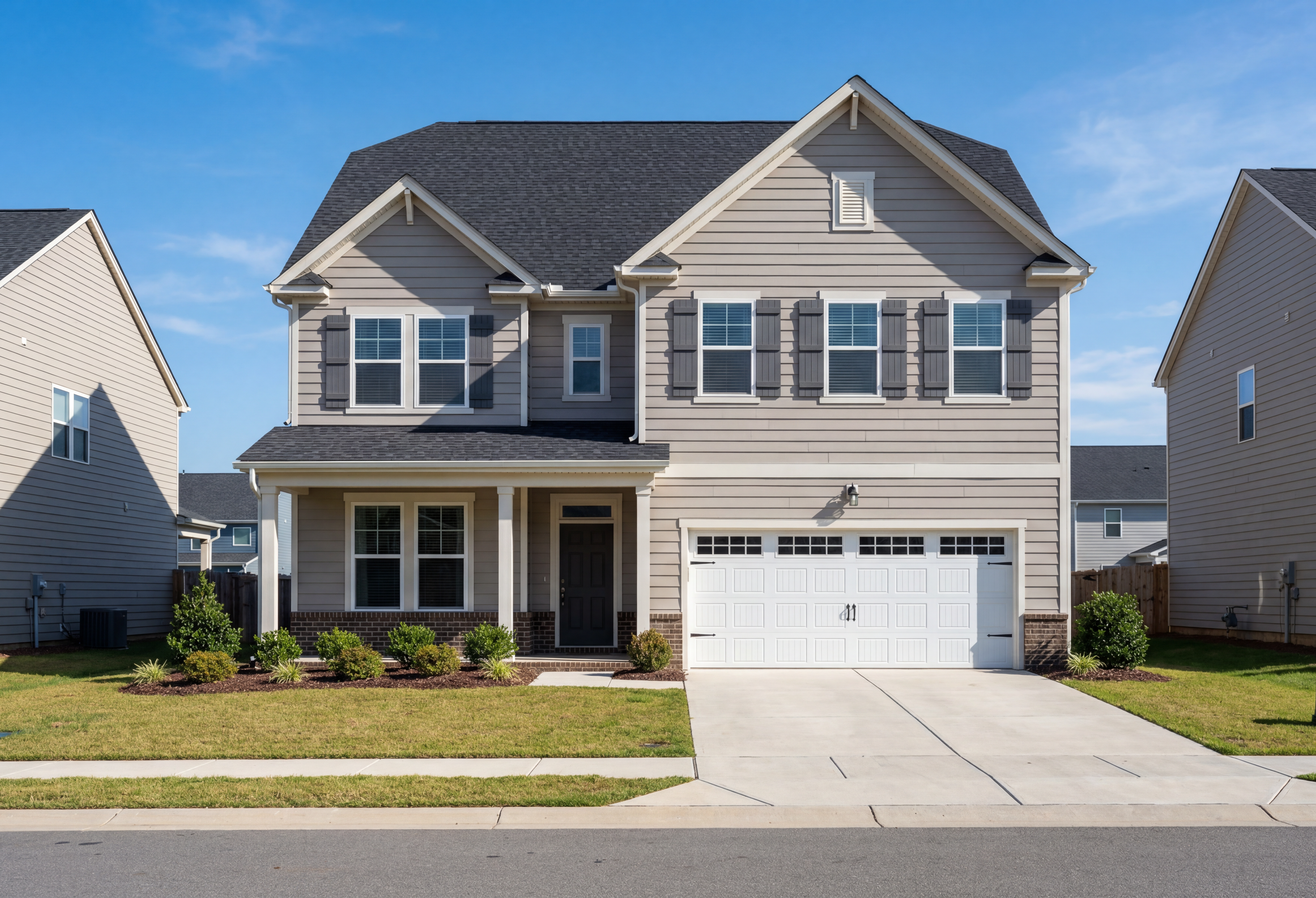 The Aspen 2-story home elevation with brick and vinyl exterior, covered porch, 2-car garage in Holly Springs NC