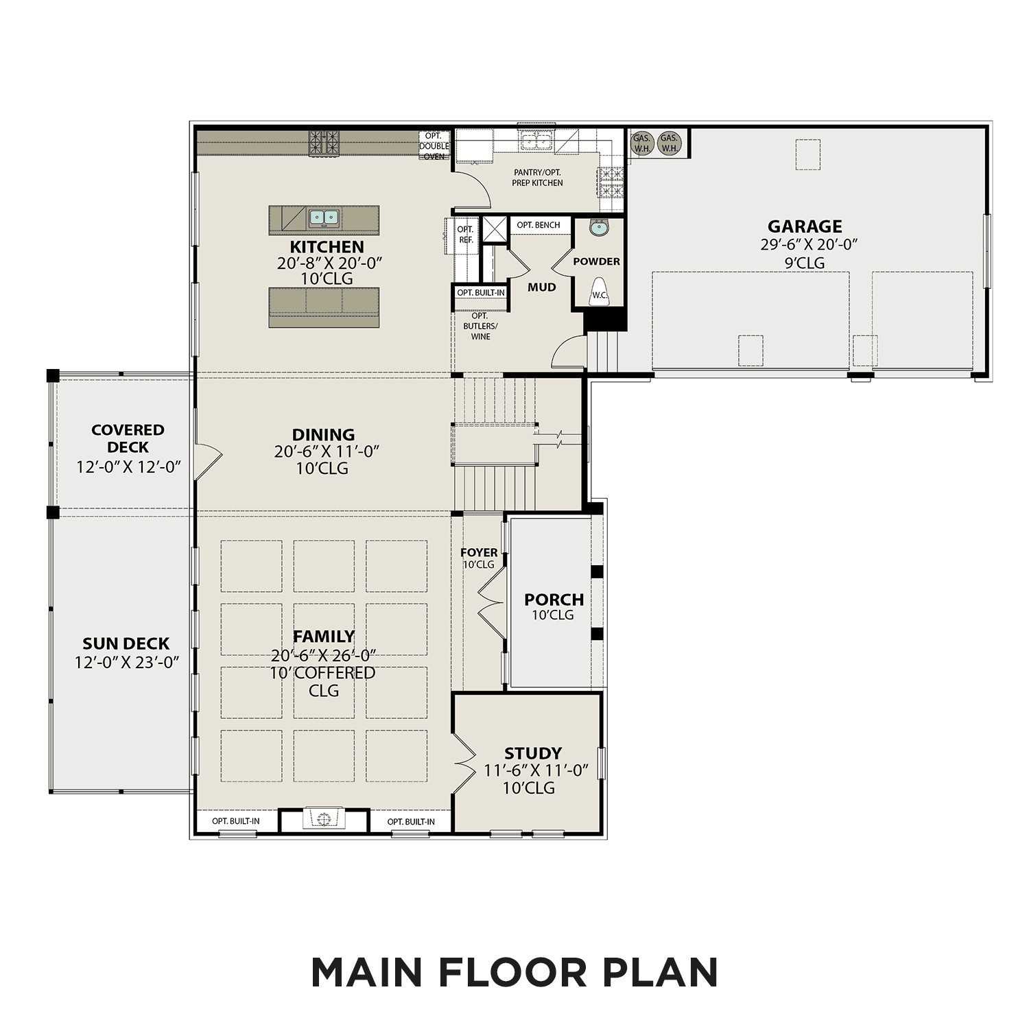 Main floor plan of The Alston A by Davidson Homes in Shelton Square, Murfreesboro, TN with open kitchen, family room, and 3-car garage