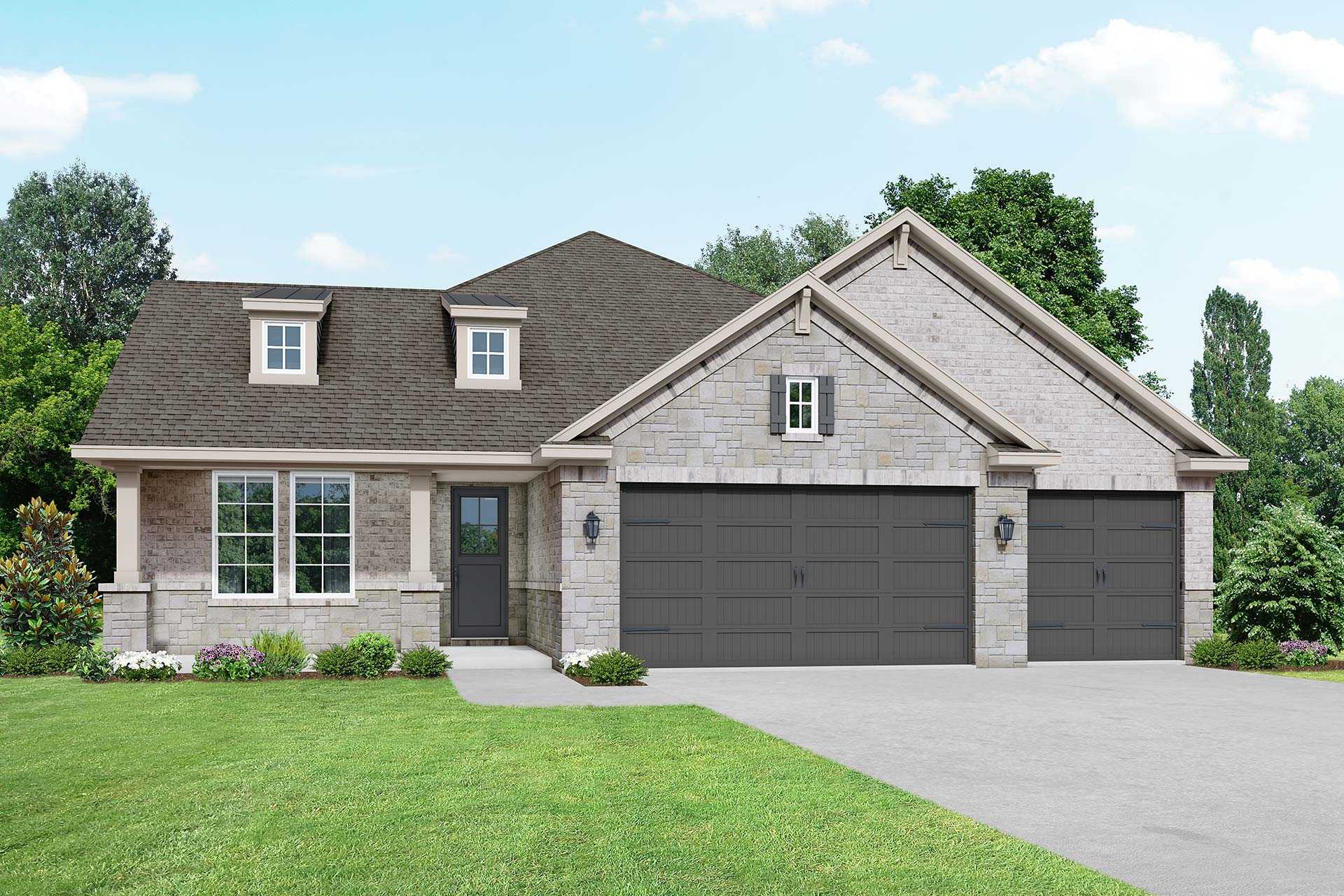 Elizabeth C 1-story home elevation with stone siding, dormer windows, 3-car garage, and manicured lawn in Rosharon