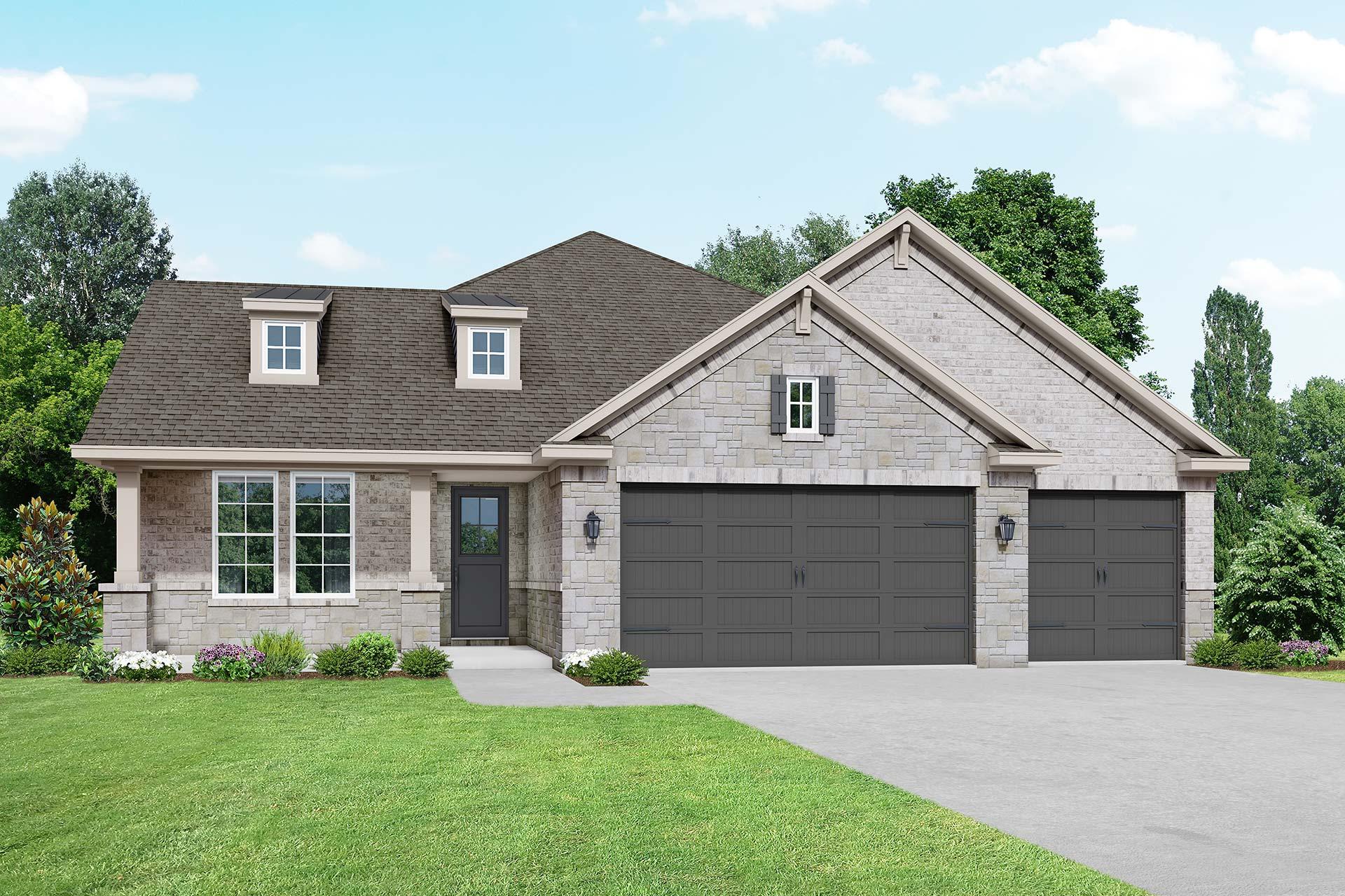 Elizabeth C 1-story home elevation with stone siding, dormer windows, 3-car garage, and manicured lawn in Rosharon