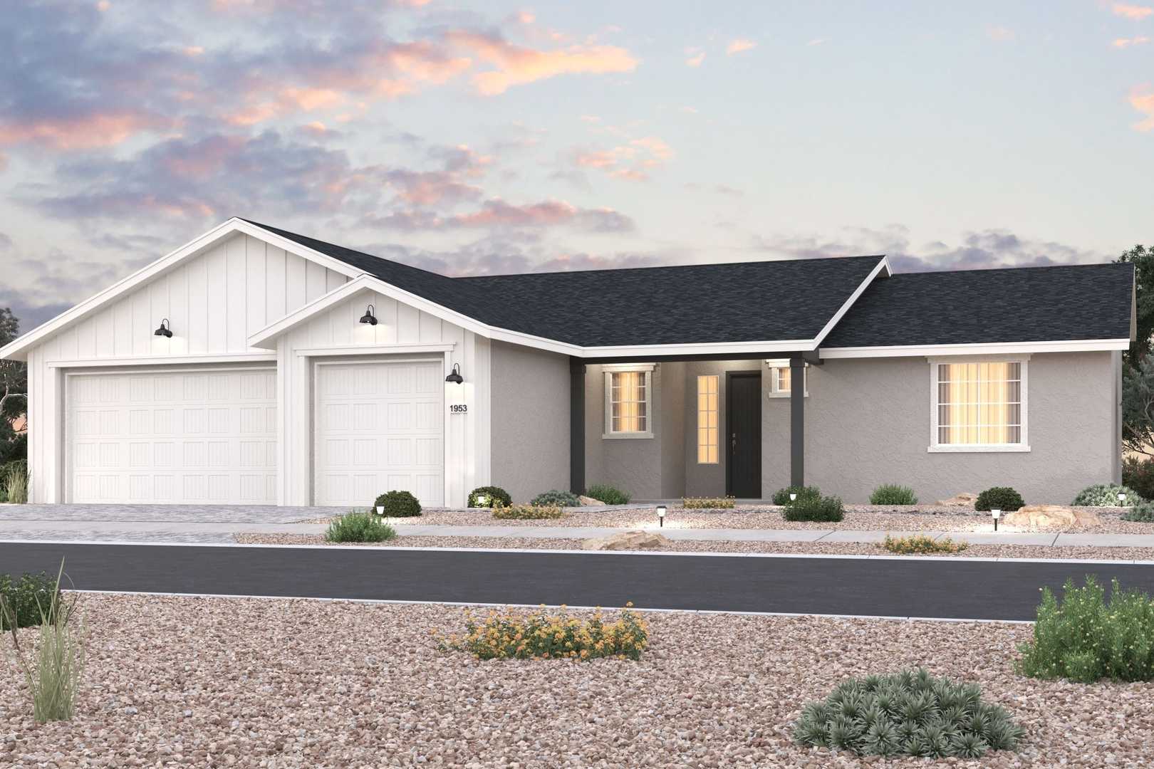 Modern single-story Daybreak E home elevation with white gabled trim, beige stucco, 3-car garage, and desert landscaping in Prescott AZ