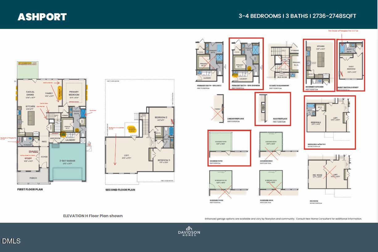 The Ashport G floor plan elevation and layouts: 5-bed, 4-bath, 2,745 sq ft 2-story home with 2-car garage by Davidson Homes in Wake Forest, NC