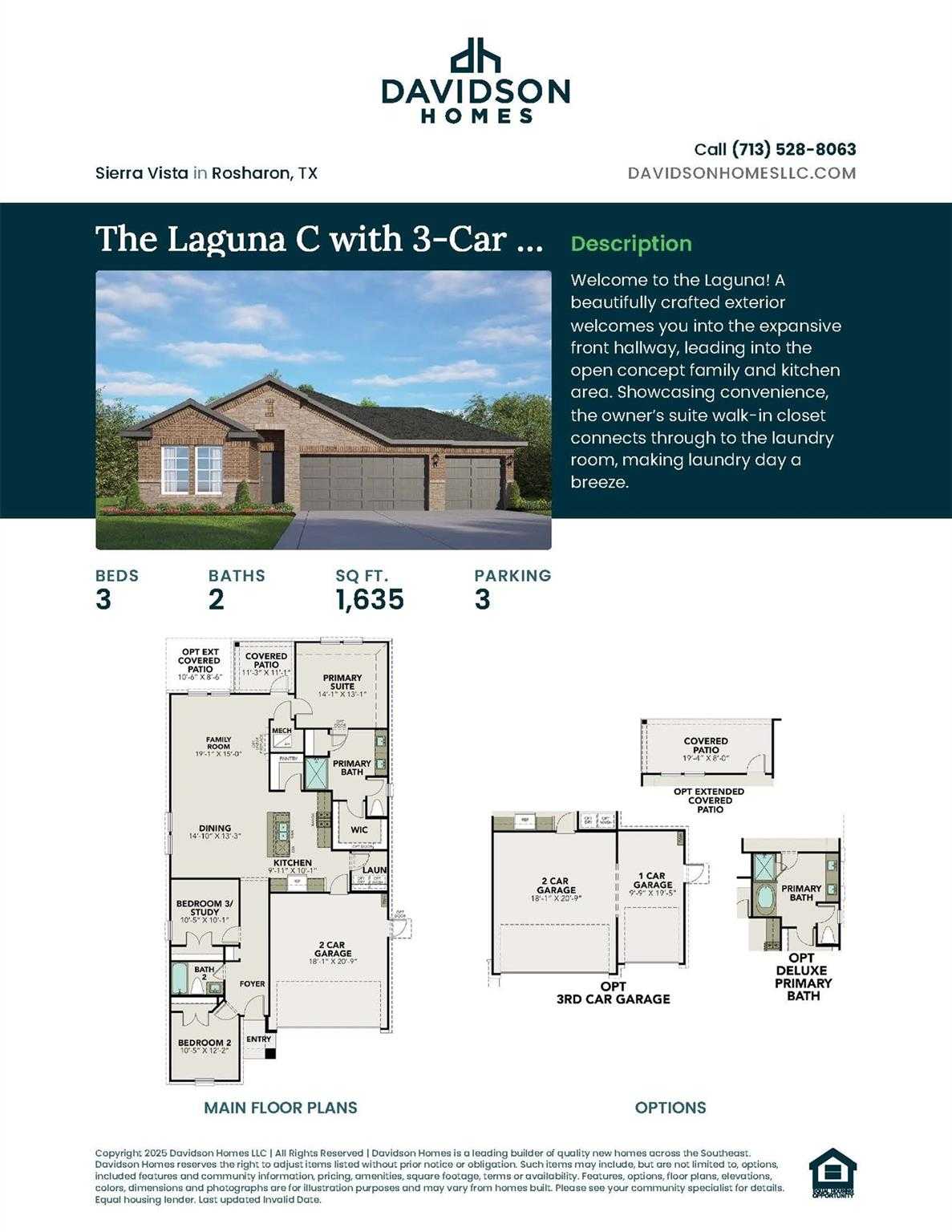 Exterior of The Laguna C 3-bedroom, 2-bath home with 3-car garage and floor plan by Davidson Homes in Sierra Vista, Rosharon, Texas