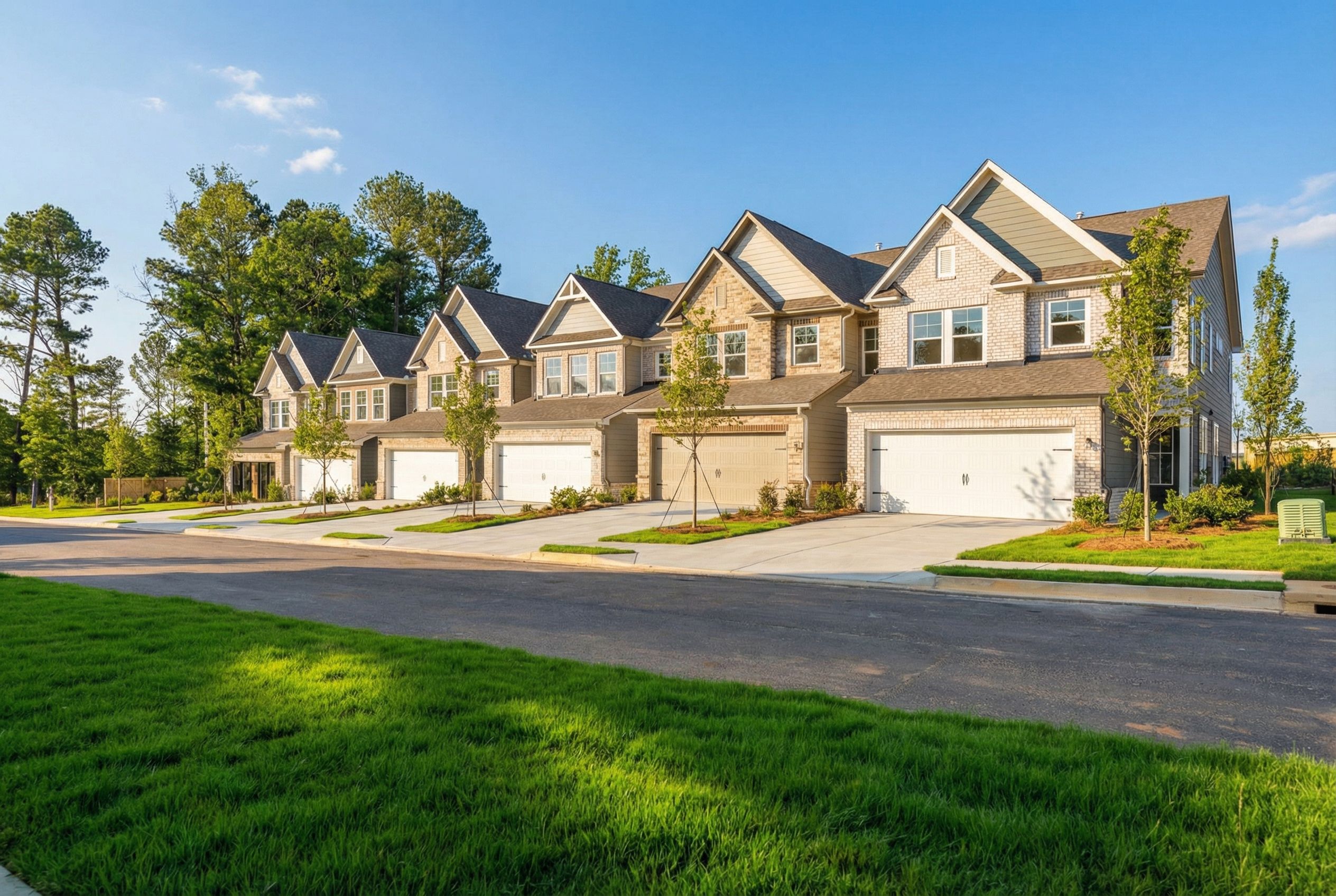 Row of modern townhomes at Lake Shore in Winder, Georgia with gabled roofs, garages, driveways and lush green lawns