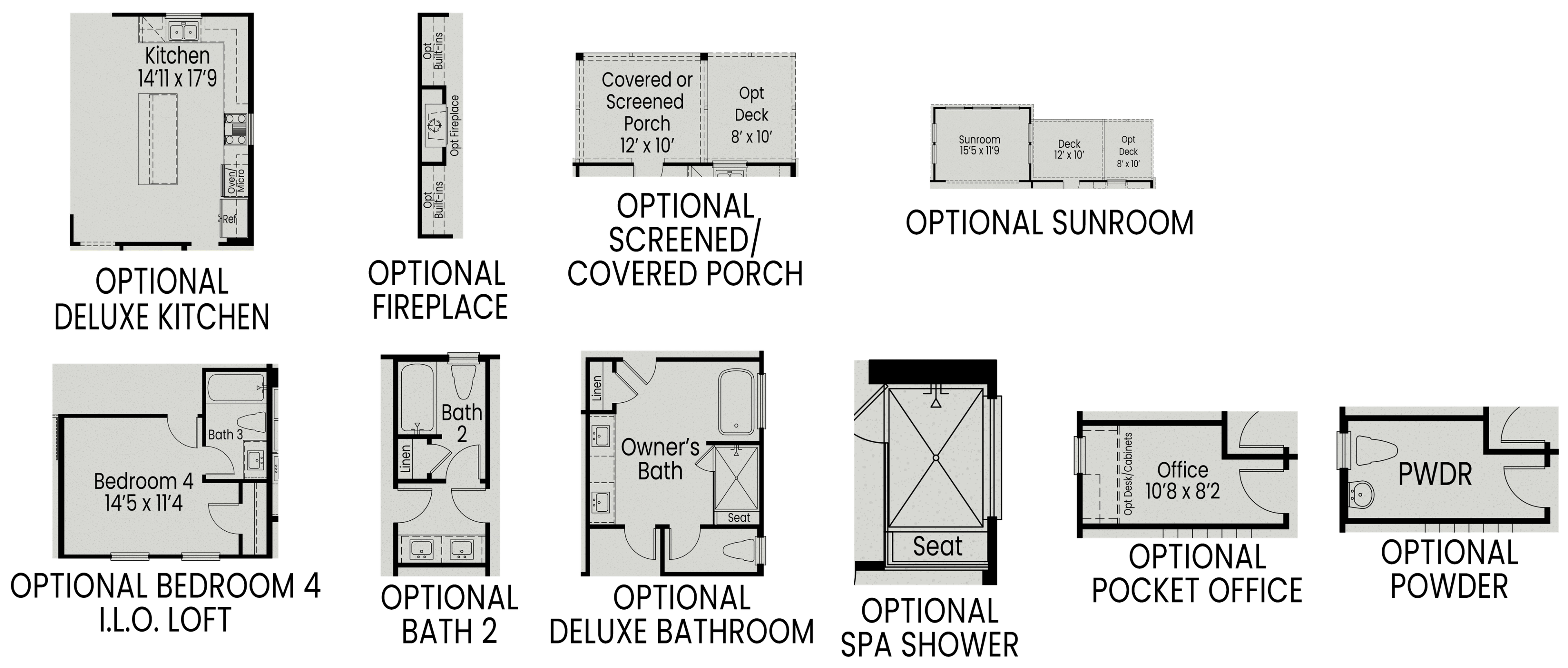 Upper floor layout of The Crawford C featuring owner's suite, bedroom 4, office, baths, and deck in Raleigh NC home design