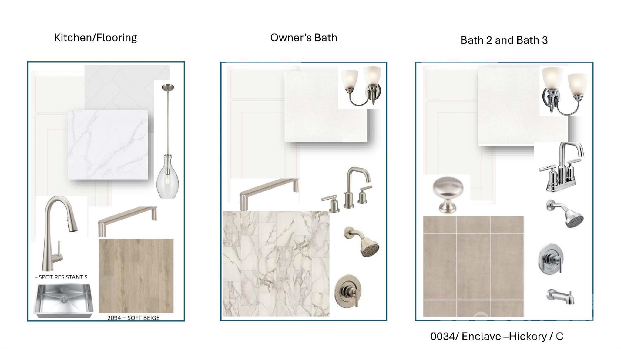 Design selection board for The Hickory C II at Enclave at Belmont: kitchen, owner's bath, and secondary bath finishes
