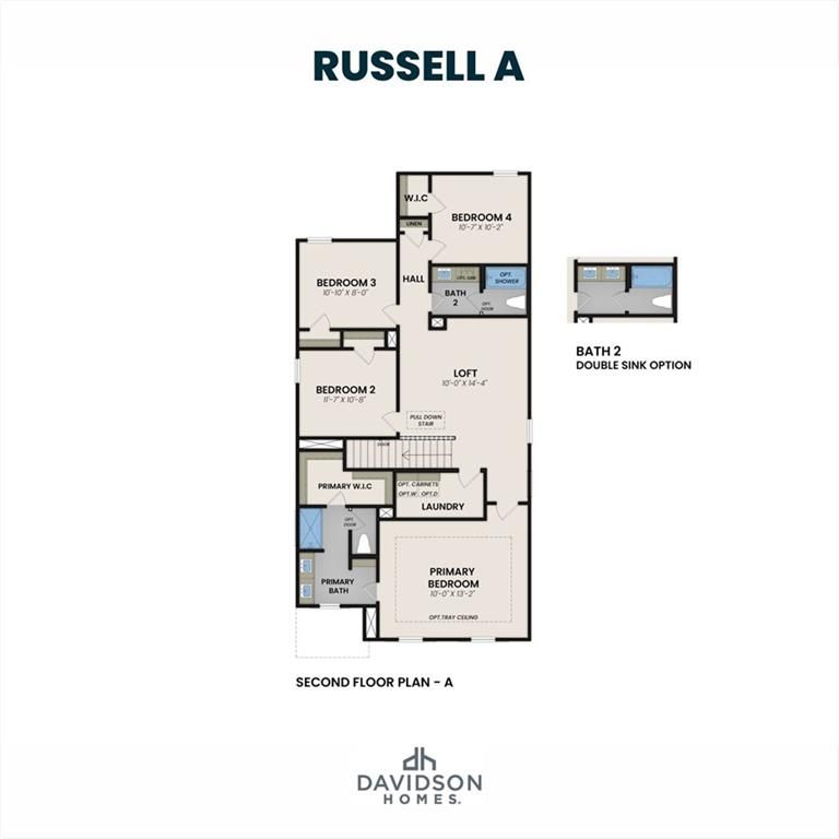 Second floor plan of The Russell A: primary bedroom suite, bedrooms 2-4, double sinks, baths, closets in Davidson Homes, Winder, GA