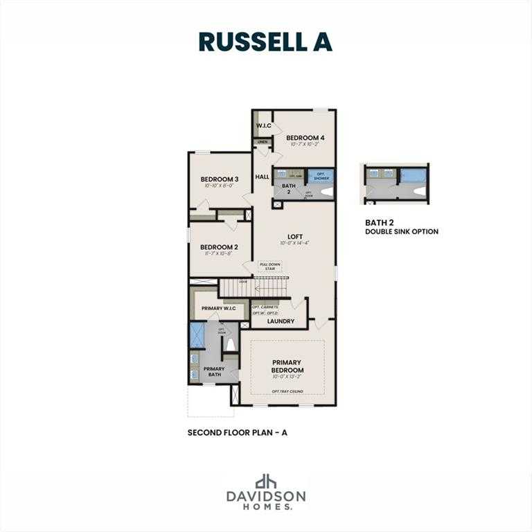 Second floor plan of The Russell A: primary bedroom suite, bedrooms 2-4, double sinks, baths, closets in Davidson Homes, Winder, GA