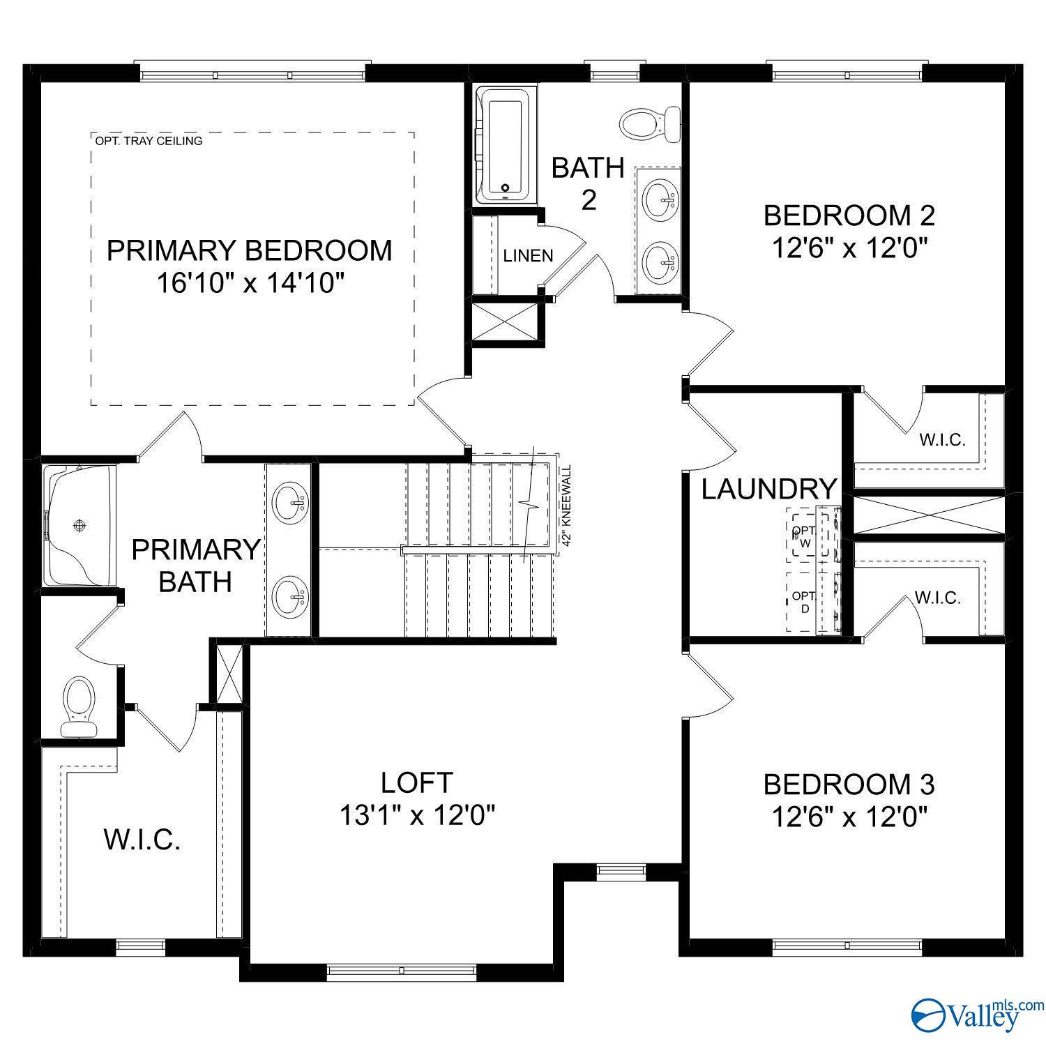 Second-floor plan of The Shelby D: primary suite with opt tray ceiling, bedrooms 2-3, loft, baths in Cullman, AL home