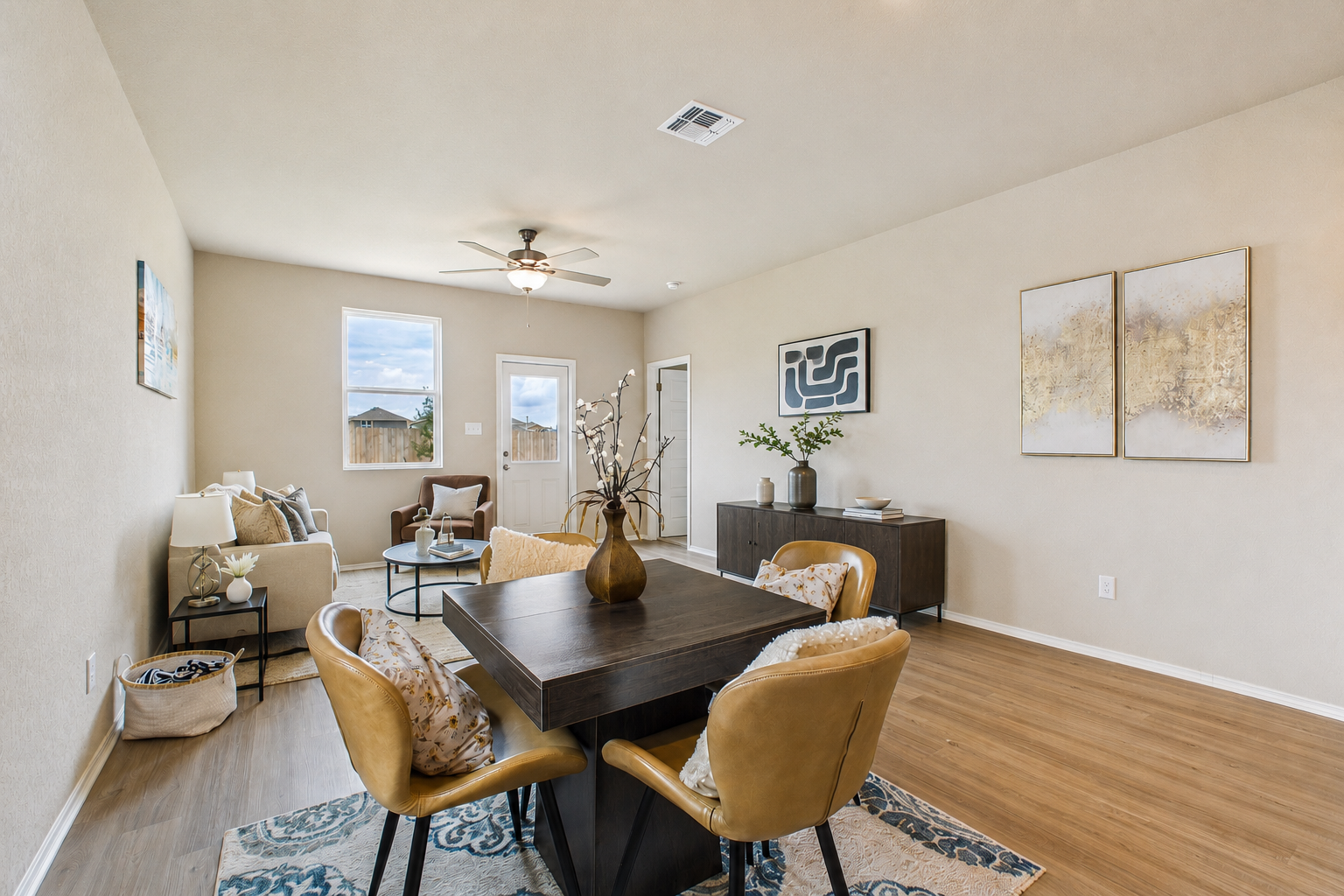 Open-concept dining and living area in The Comal by Davidson Homes featuring modern furniture and wood-style flooring.