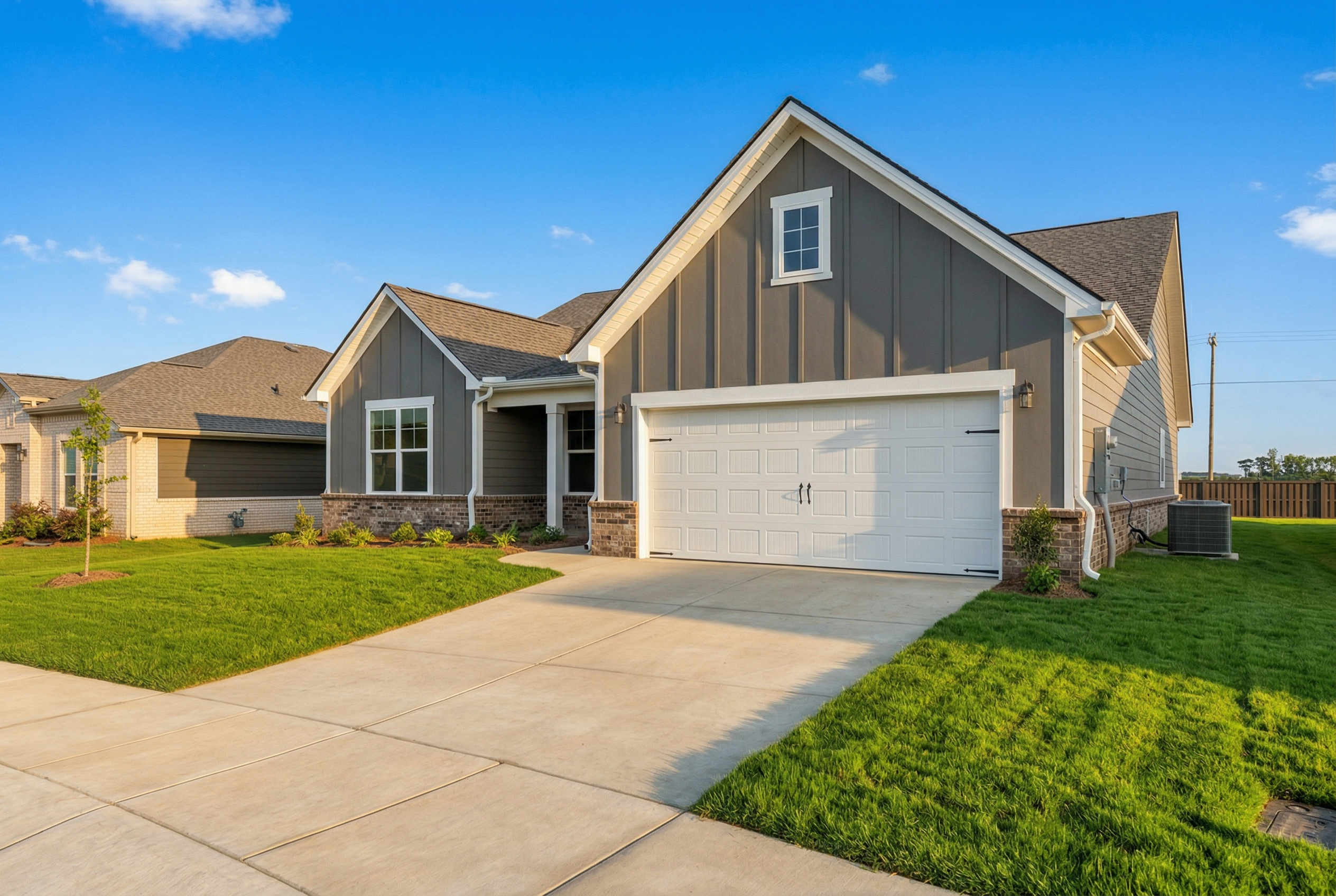 Craftsman-style Rockford home exterior with gray siding, gabled roof, 2-car garage, driveway, and lush green lawn in Cullman, AL