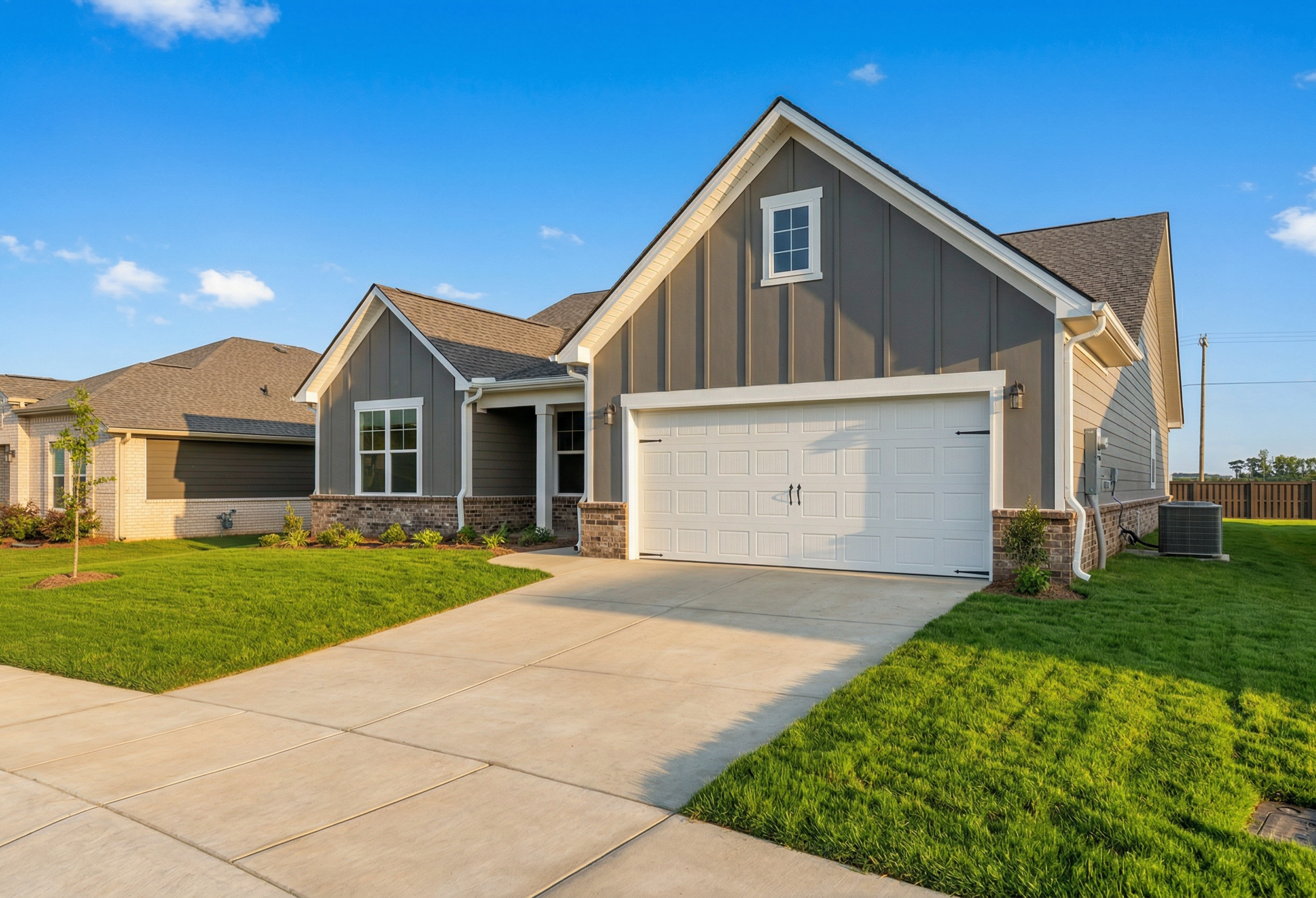 Craftsman-style Rockford home exterior with gray siding, gabled roof, 2-car garage, driveway, and lush green lawn in Cullman, AL