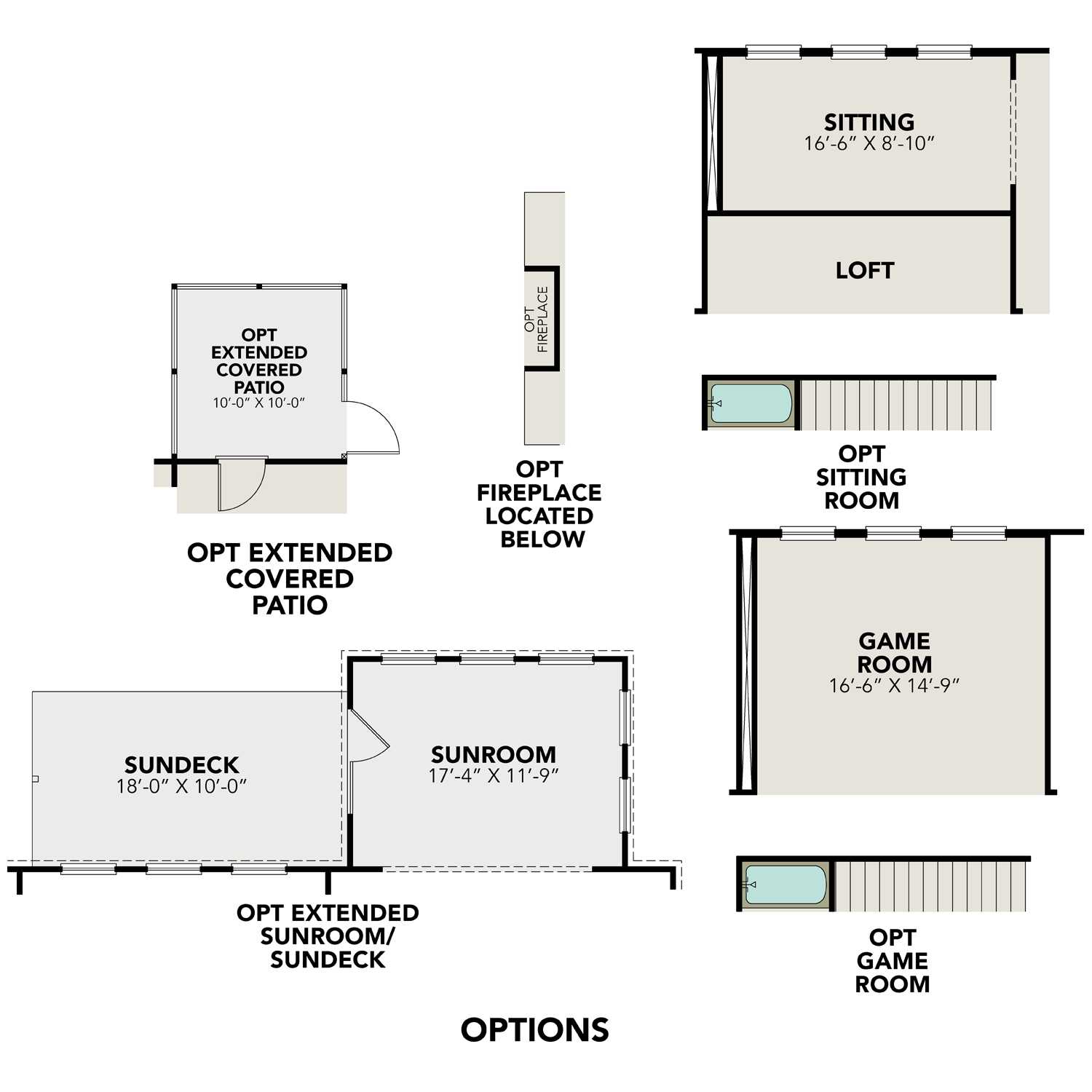 Second floor plan of The Danbury showcasing optional loft, game room (16x19 ft), sitting room, and extended sunroom
