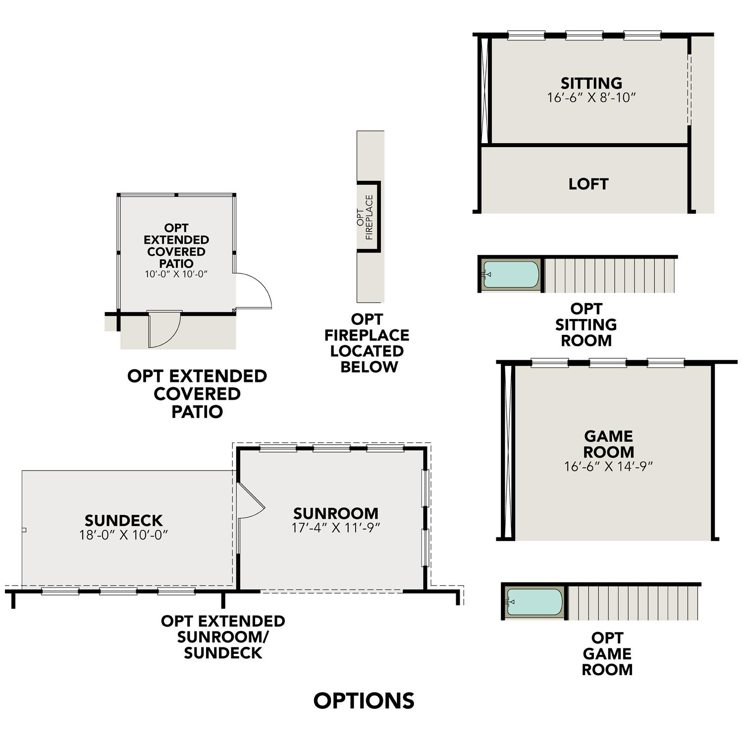 Second floor plan of The Danbury showcasing optional loft, game room (16x19 ft), sitting room, and extended sunroom
