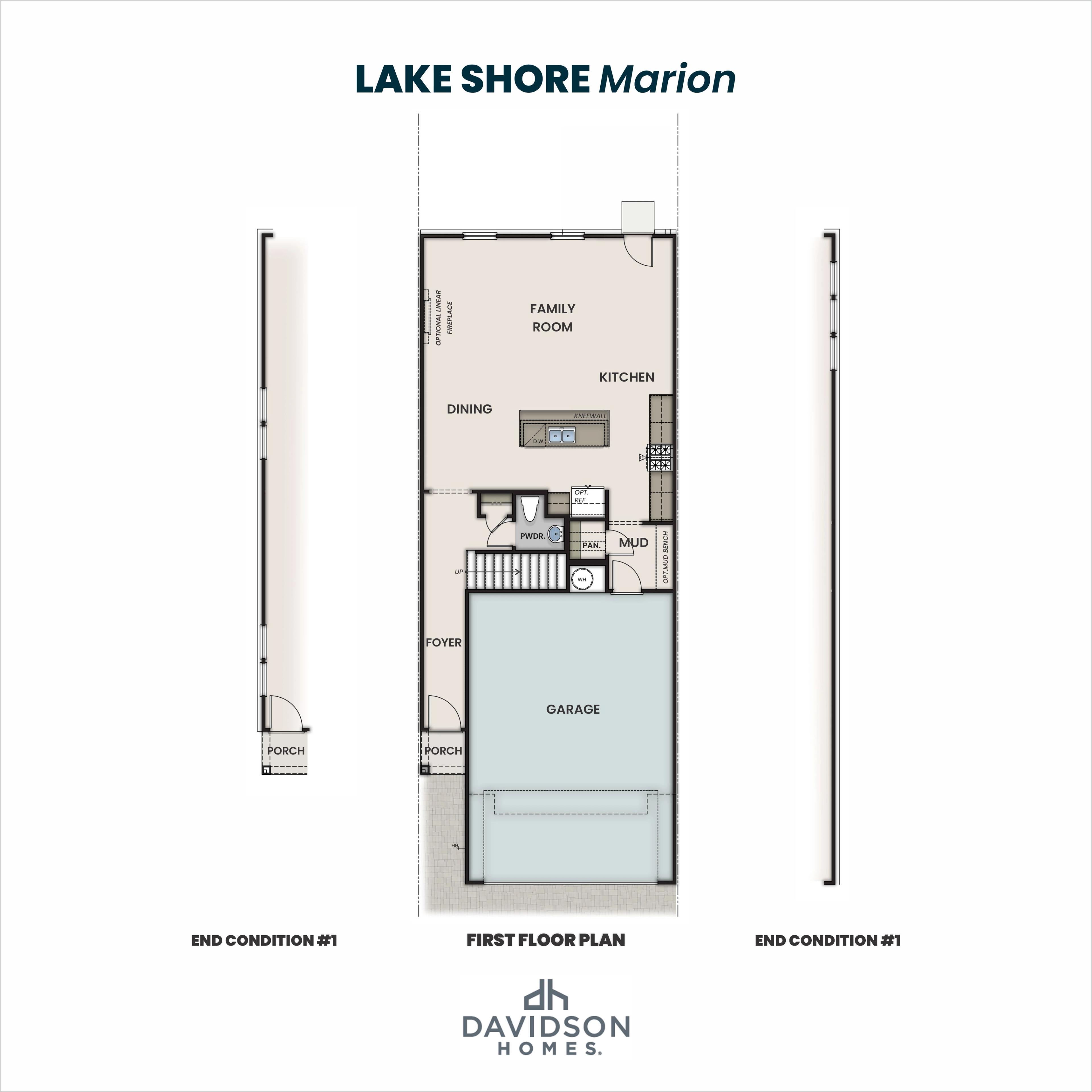 First floor plan of The Marion B LS showcasing open family room, kitchen, dining, 2-car garage, and patio by Davidson Homes