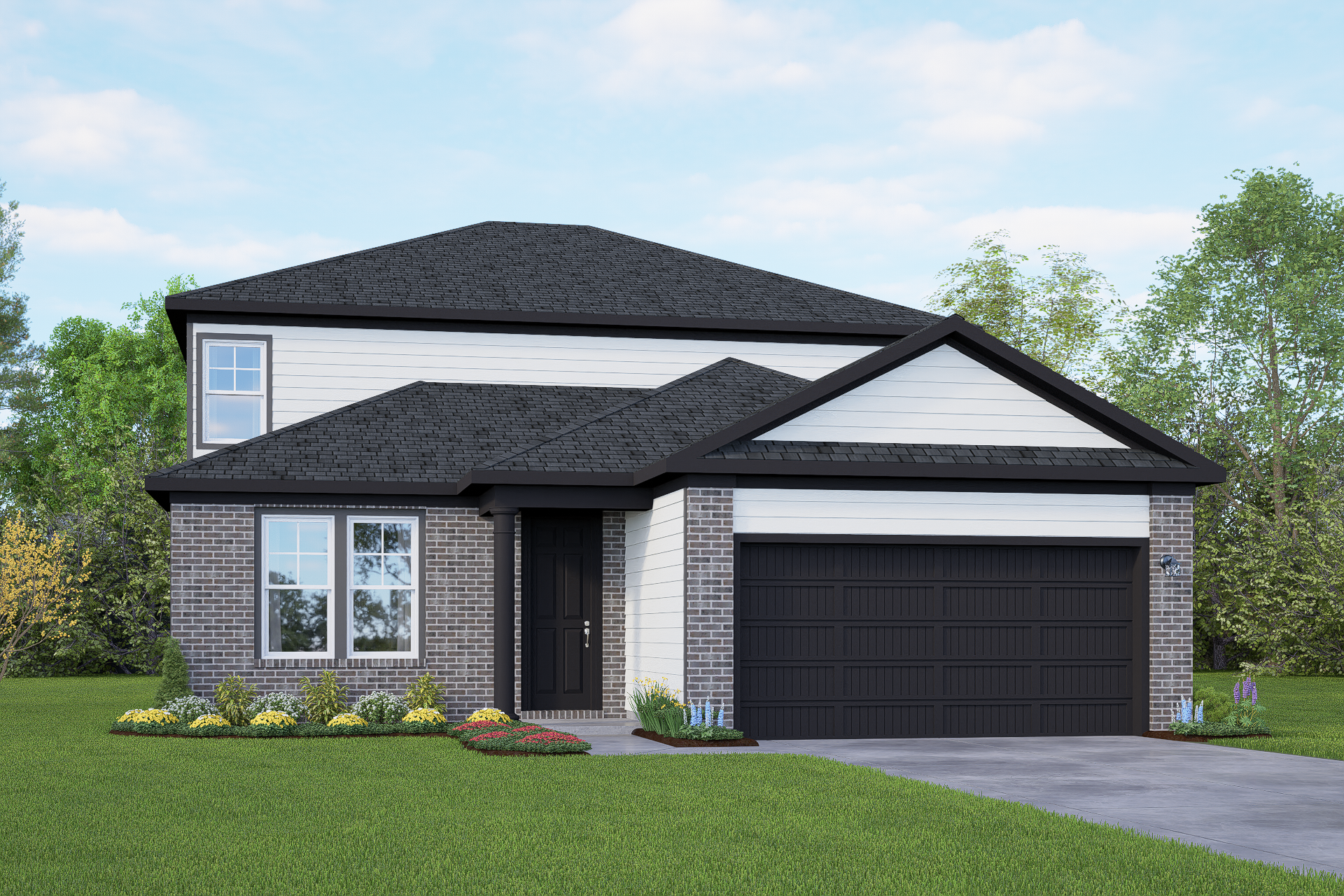 Modern two-story The Douglas C home elevation with black roof, white siding, brick base, two-car garage, and landscaped front yard