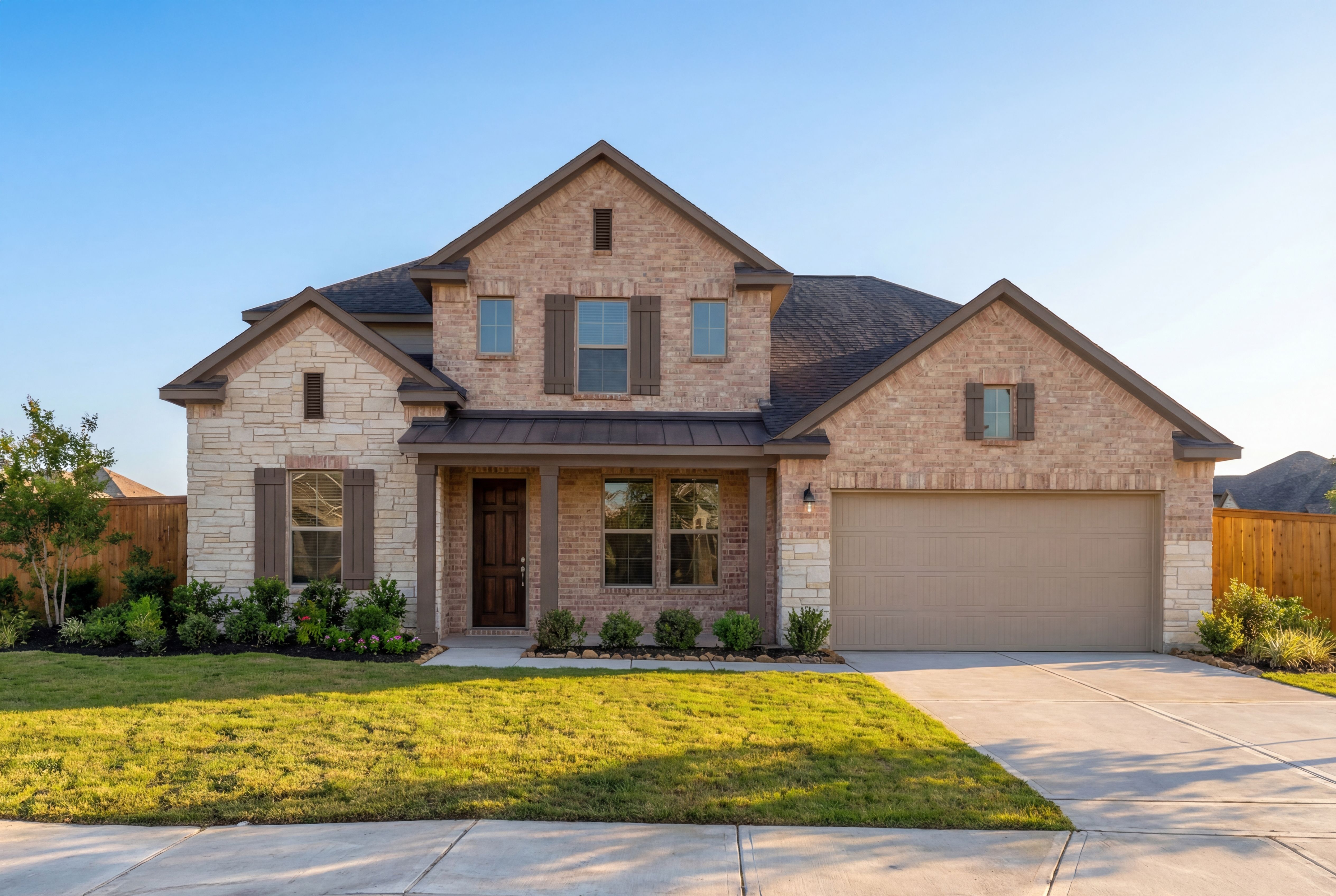 Two-story Victoria B home elevation with brick and stone facade, 3-car garage, shutters, and landscaped yard in Rosharon TX