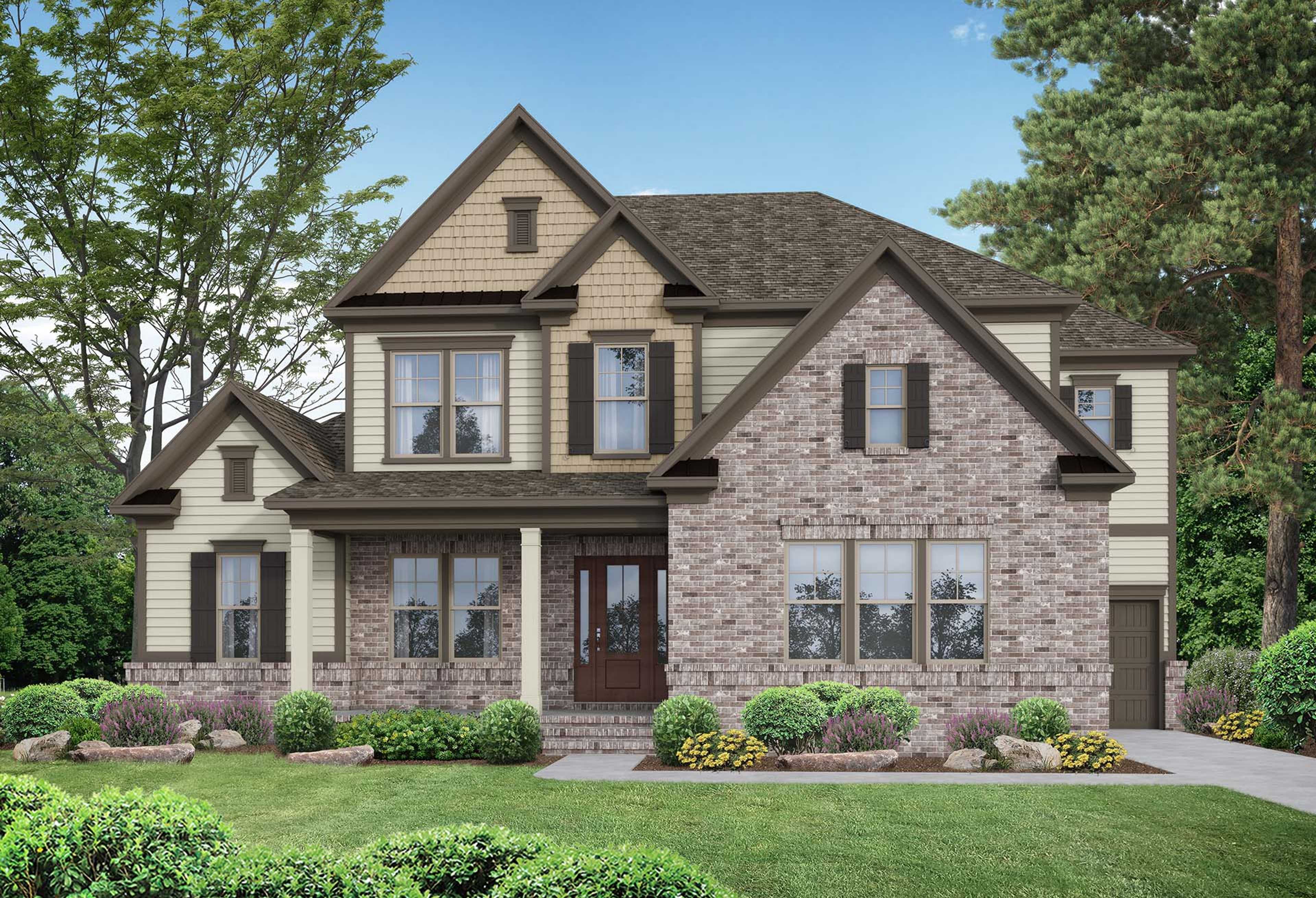 Two-story Albany A elevation by Davidson Homes: stone and shakes exterior, covered porch, large windows, lush landscaping in Murfreesboro