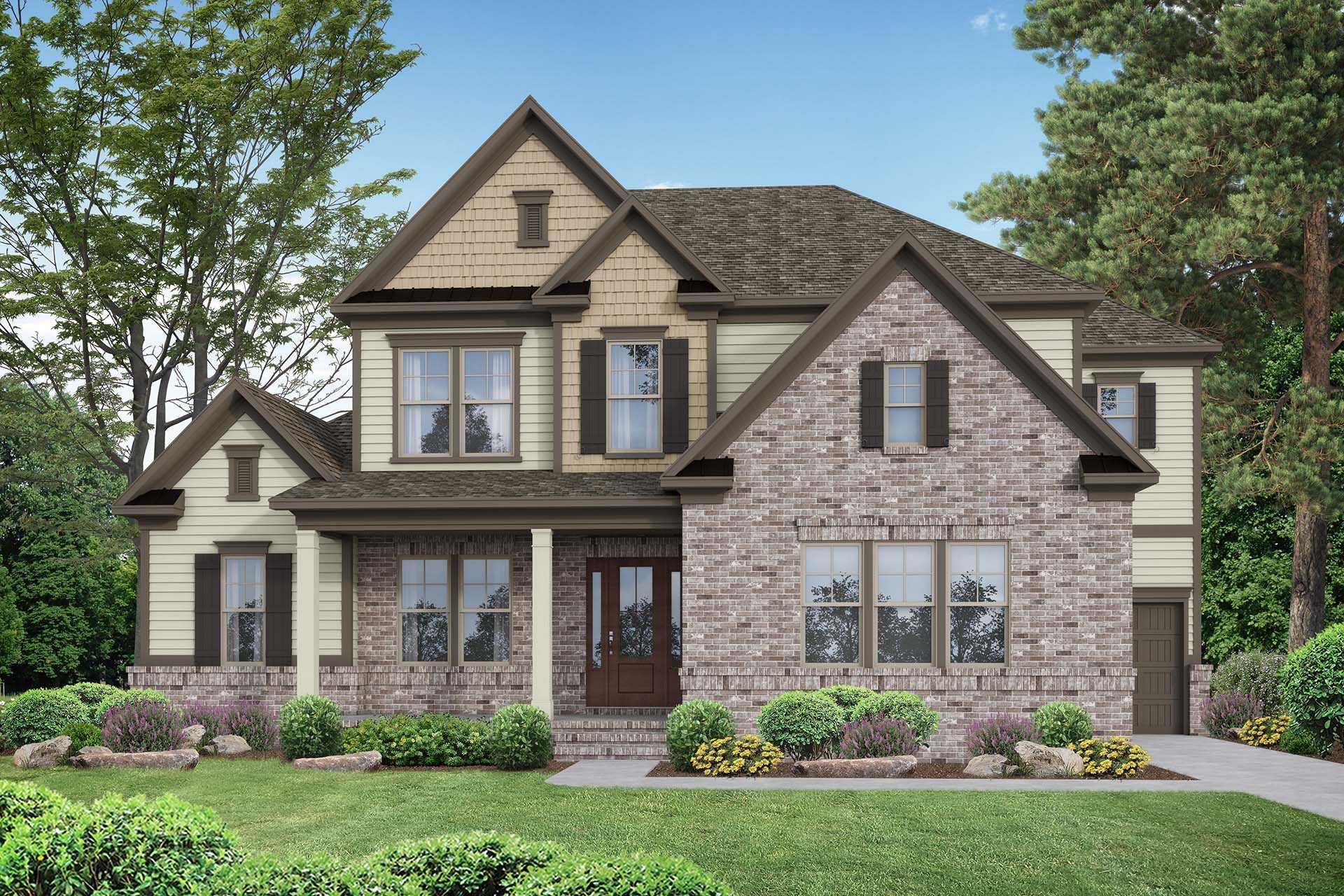 Two-story Albany A elevation by Davidson Homes: stone and shakes exterior, covered porch, large windows, lush landscaping in Murfreesboro