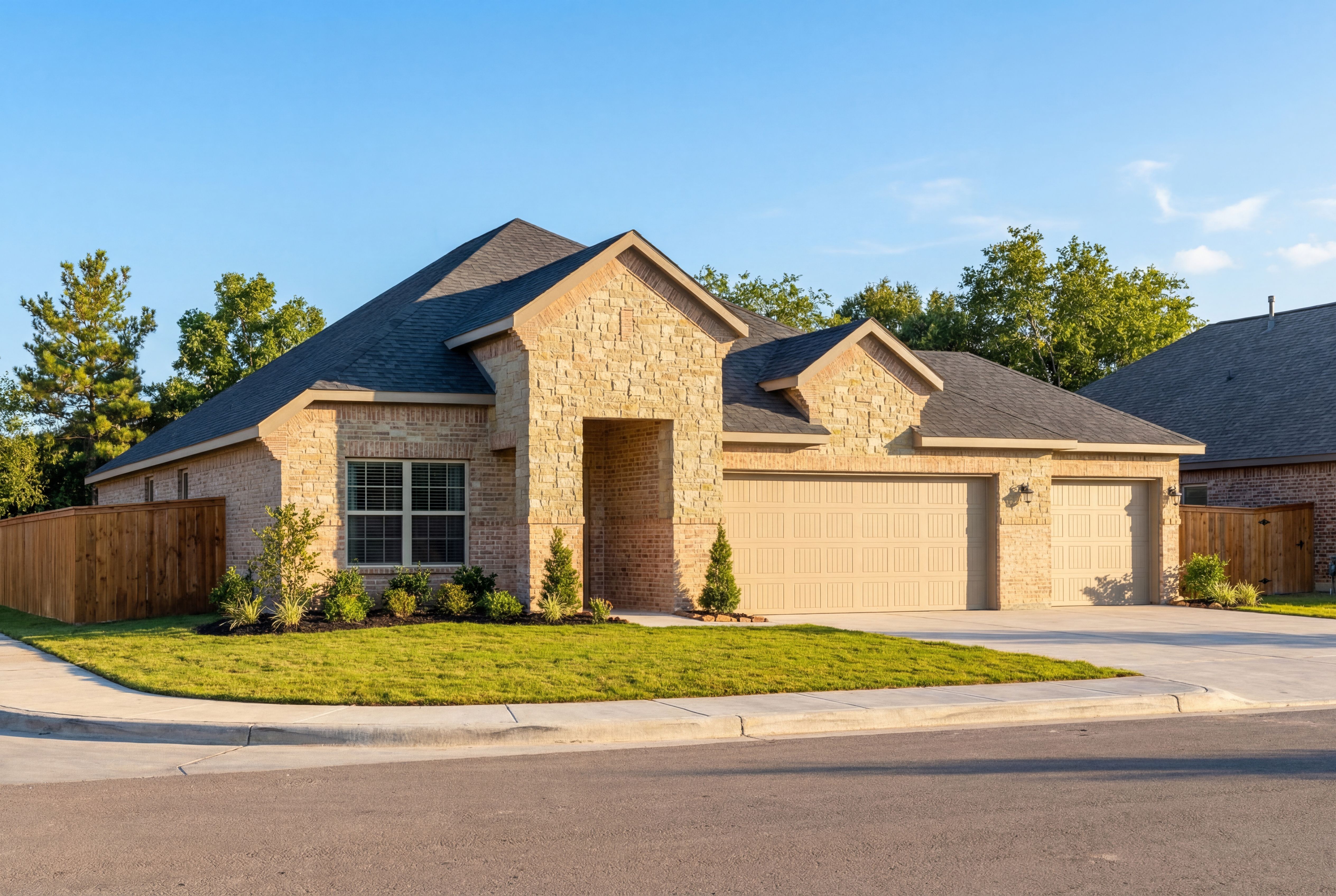 Modern single-story Acadia B home elevation with stone accents, beige siding, 3-car garage, and landscaped yard in Rosharon