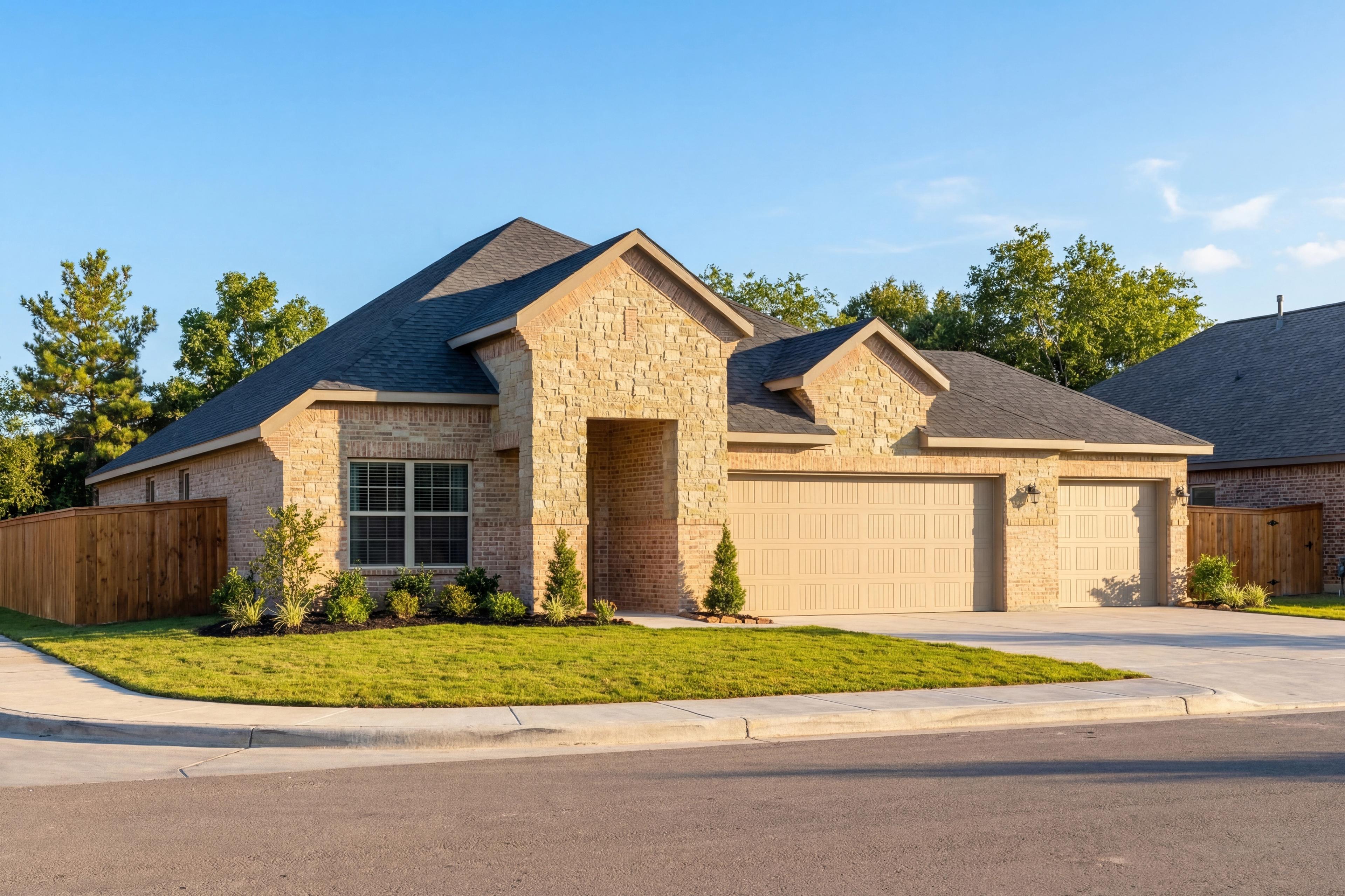 Modern single-story Acadia B home elevation with stone accents, beige siding, 3-car garage, and landscaped yard in Rosharon