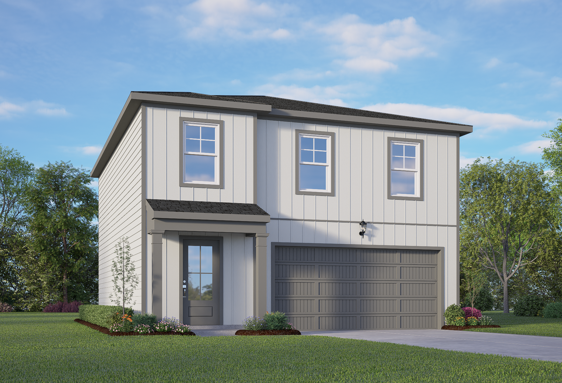 Two-story The Trinity A elevation with white board-and-batten siding, gray accents, two-car garage, front porch, and lush landscaping