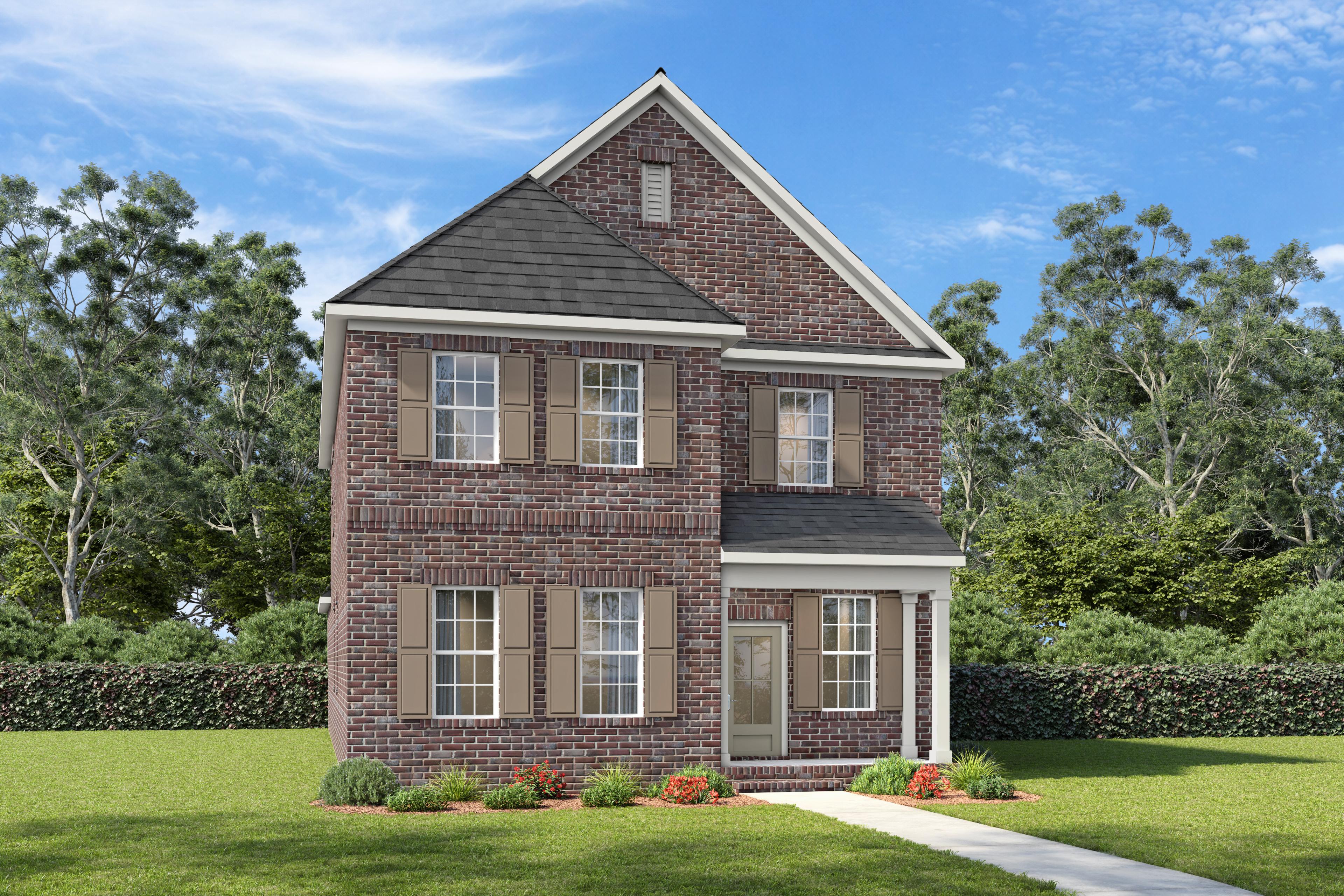 Two-story brick elevation of The Oakmont by Davidson Homes, a 4-bedroom single-family home in Mt. Juliet, TN with covered porch.