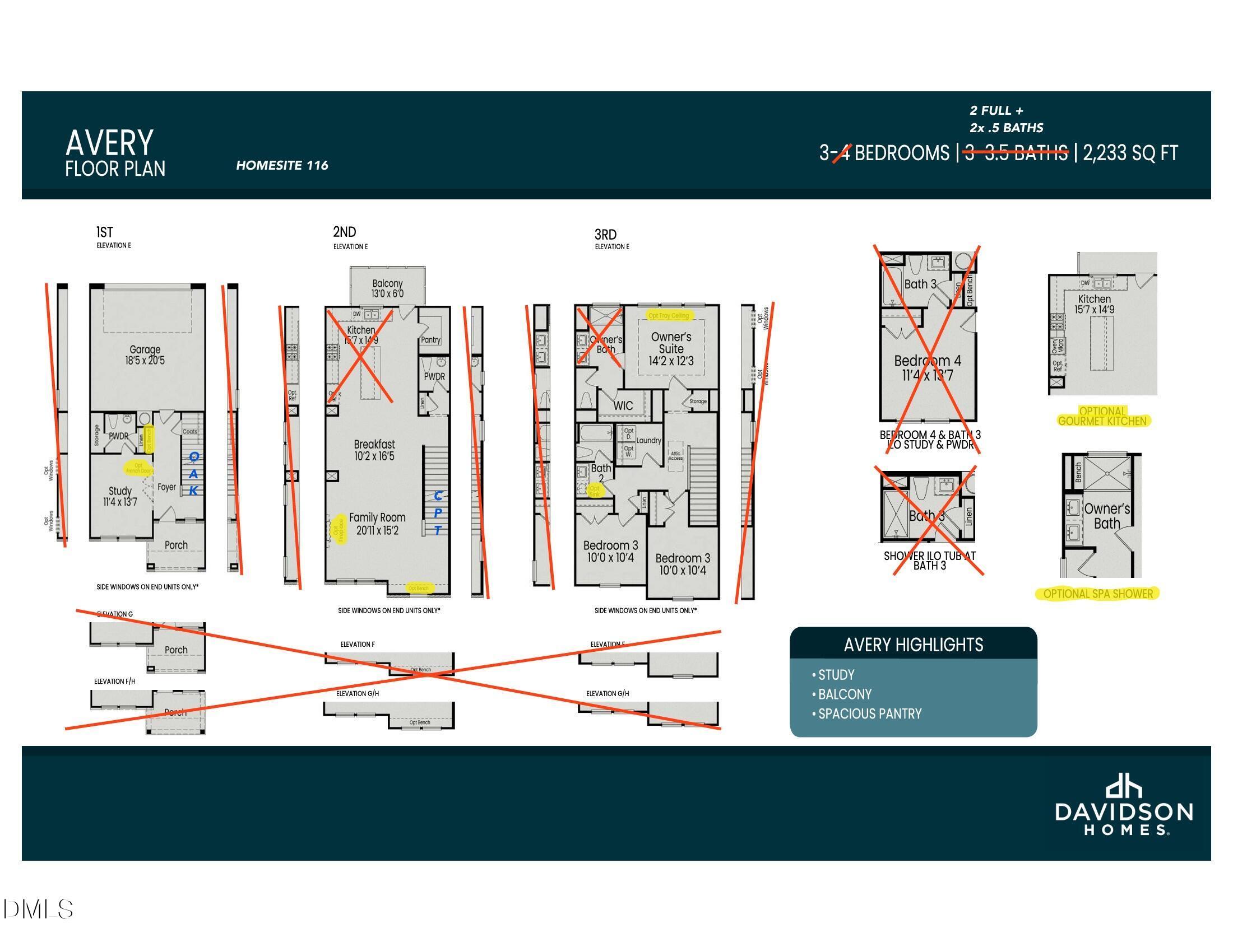 Avery floor plan by Davidson Homes: 3-bed, 3.5-bath, 2,233 sq ft 3-story townhome with 2-car garage, study, balcony pantry in Knightdale, NC