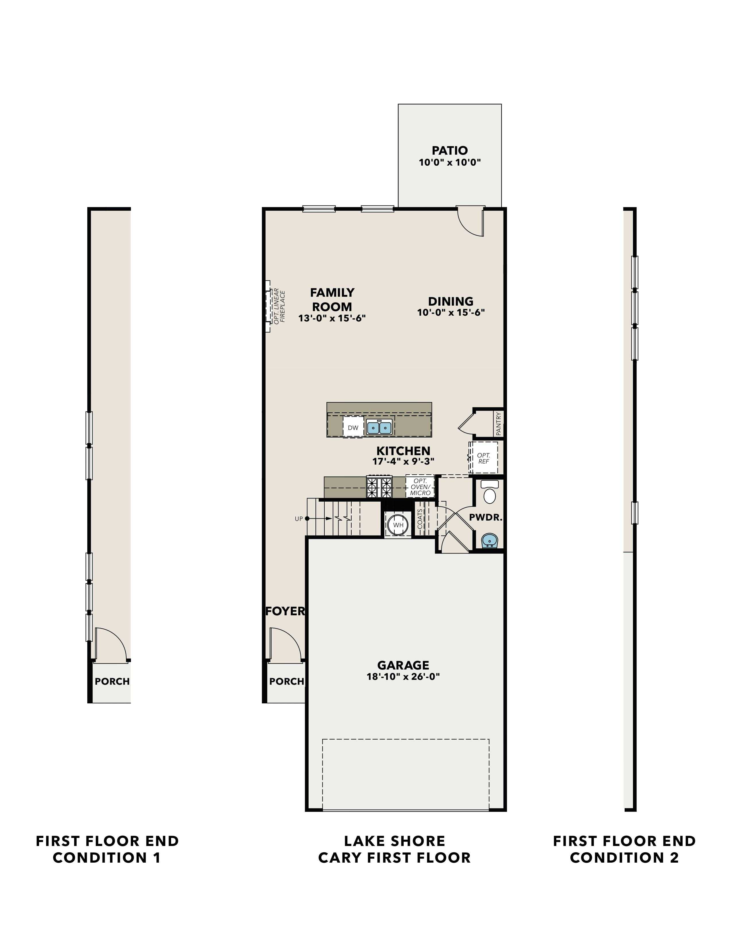 First floor layout of Cary A home plan featuring open kitchen, dining area, family room, 2-car garage, and covered porch