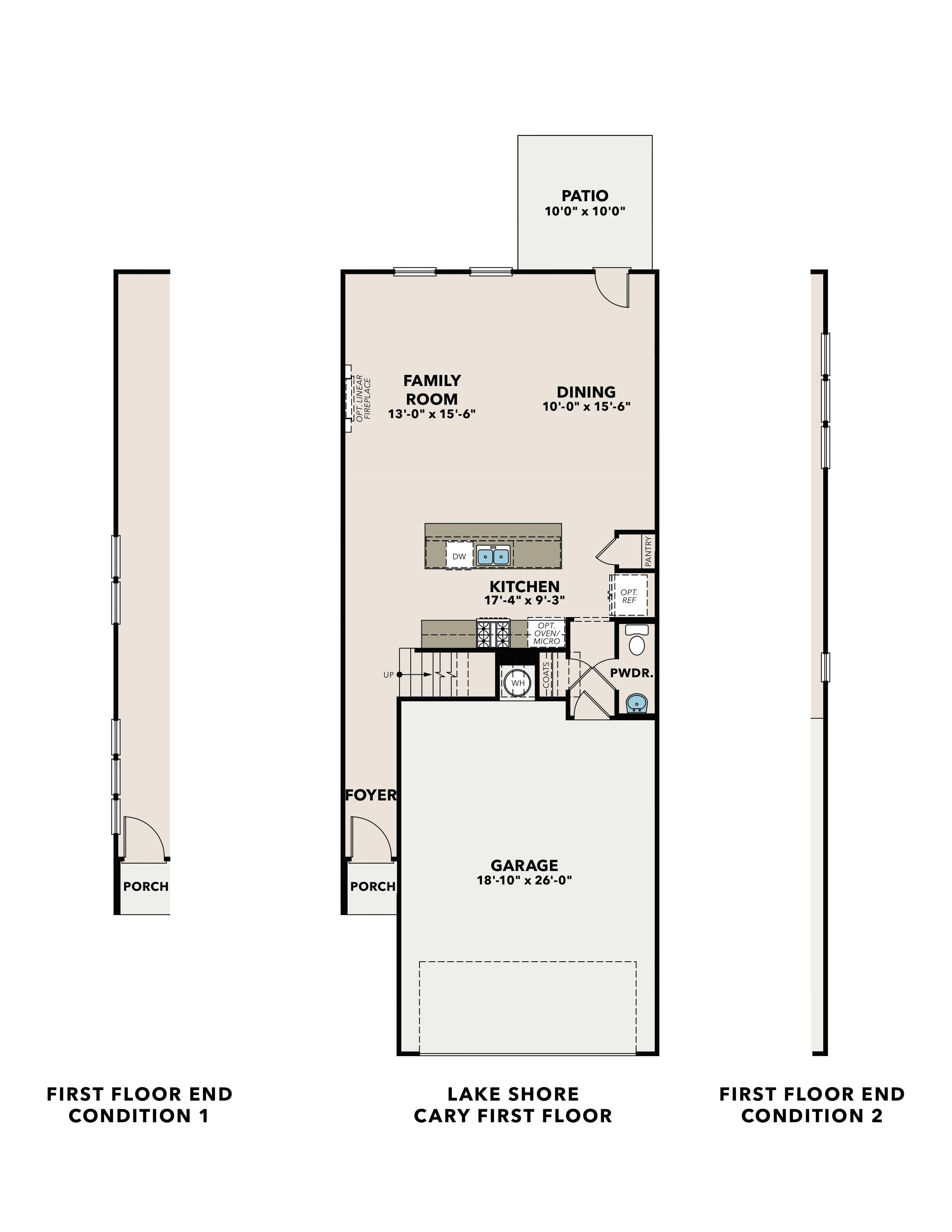 First floor layout of Cary A home plan featuring open kitchen, dining area, family room, 2-car garage, and covered porch