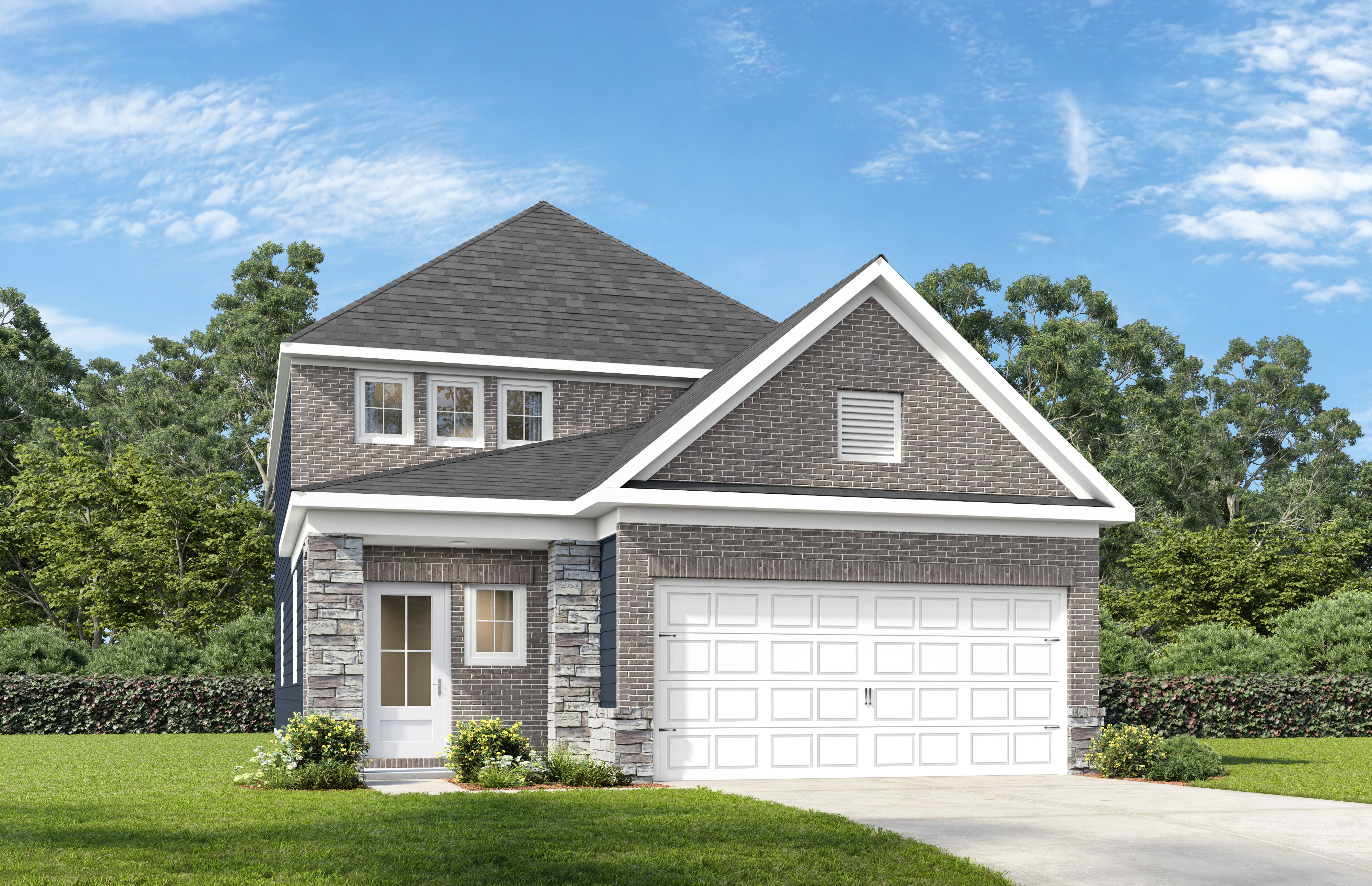 Two-story exterior elevation of The Summit K by Davidson Homes featuring brick and shingle siding with a 2-car garage.