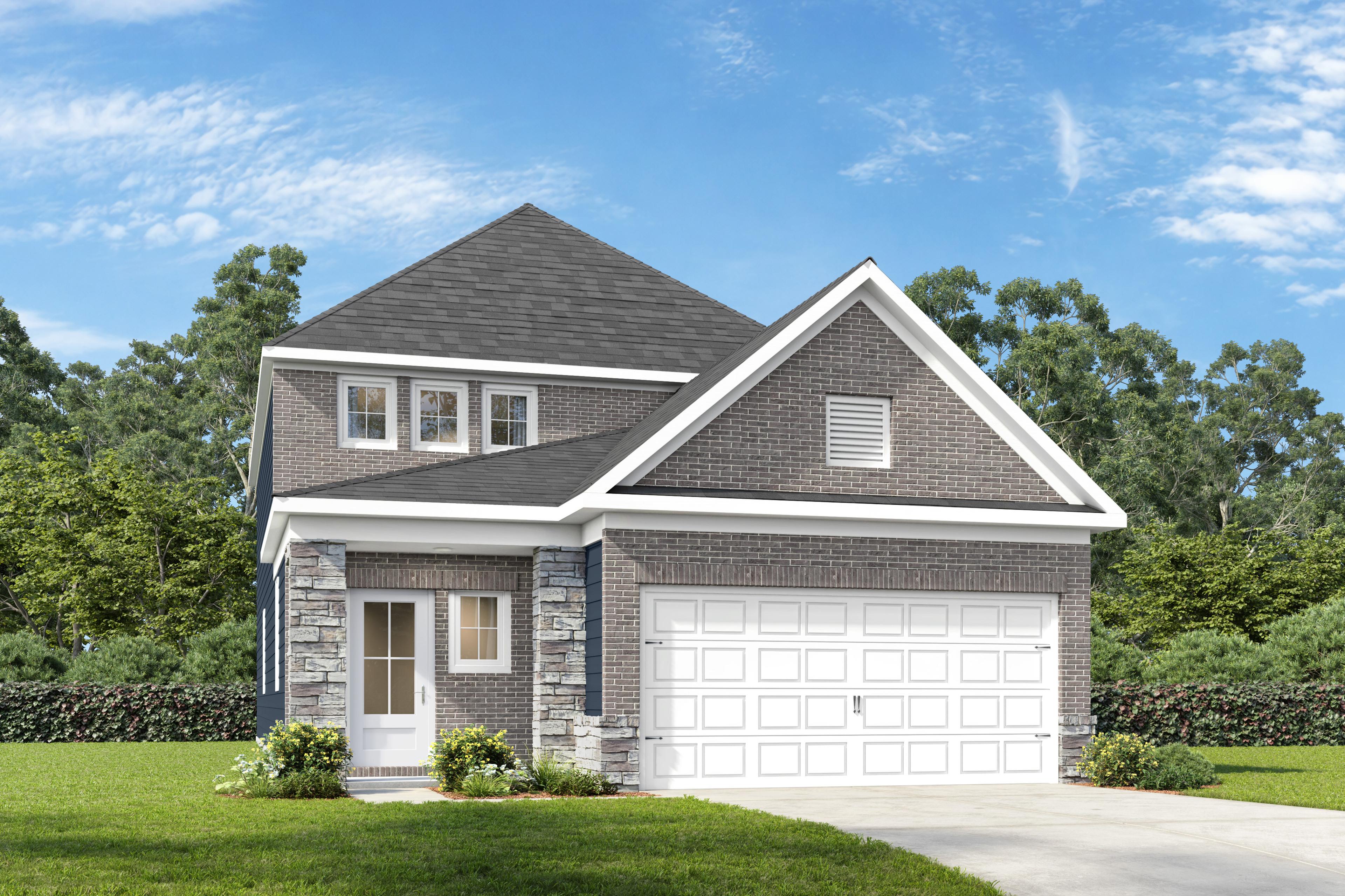 Two-story exterior elevation of The Summit K by Davidson Homes featuring brick and shingle siding with a 2-car garage.