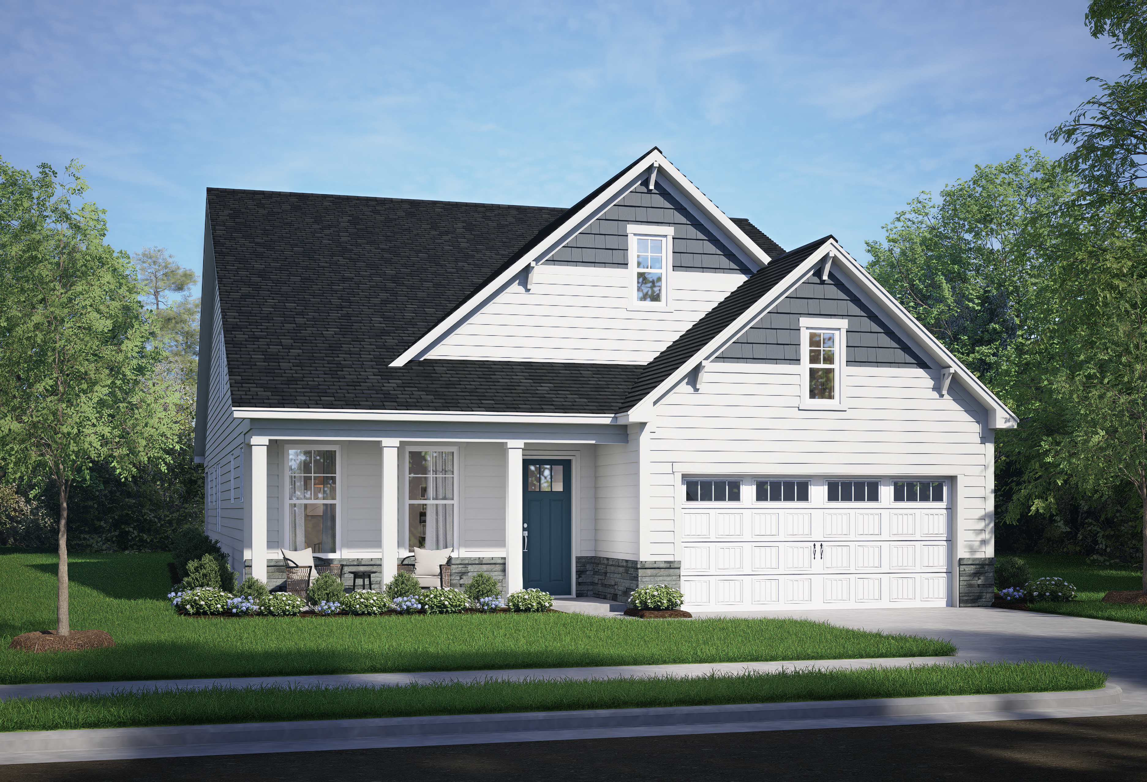 Two-story Birch II A home elevation: white siding, black gabled roof, columned porch, 2-car garage, lush landscaping in Angier, NC