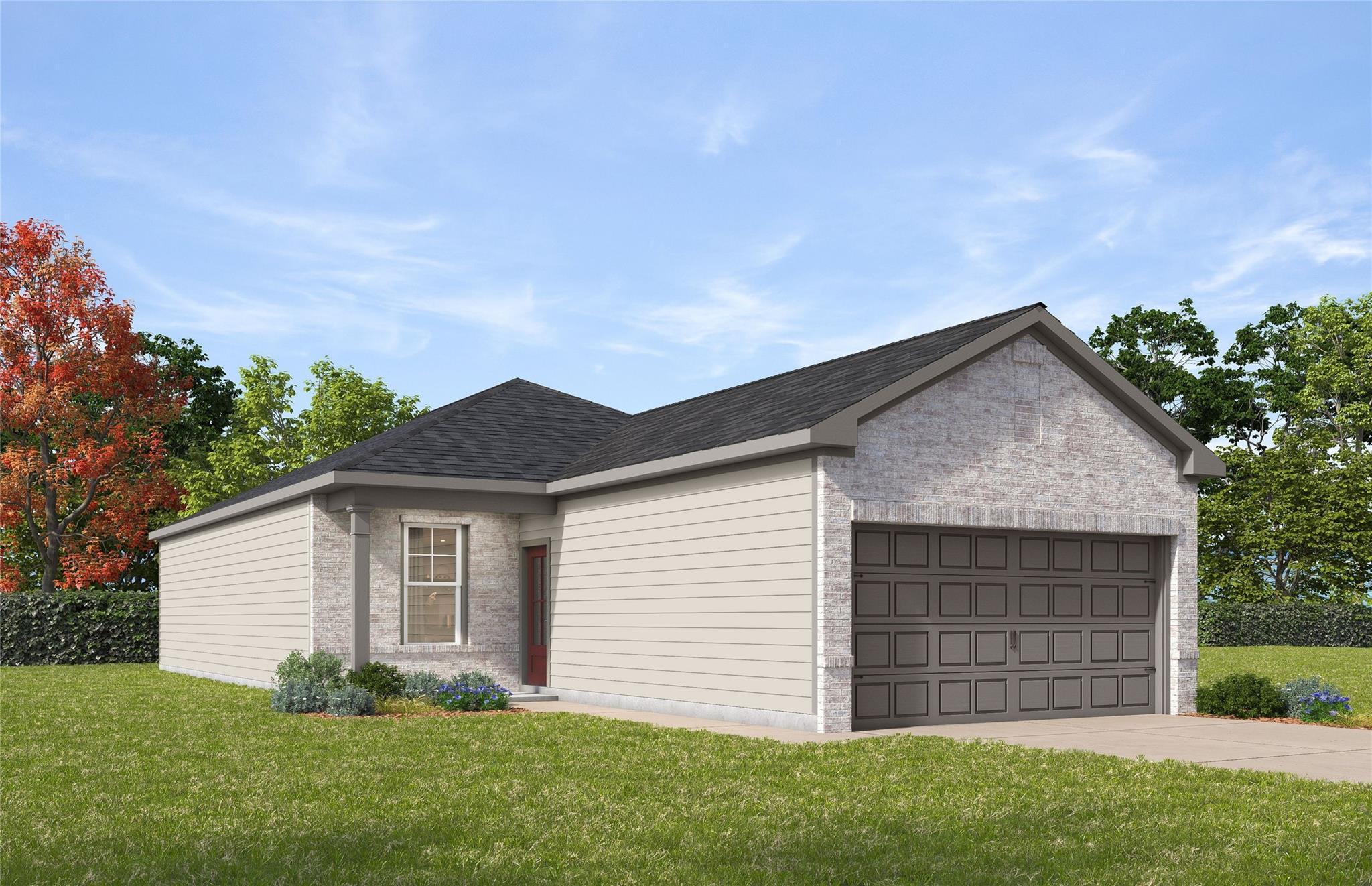 Single-story brick and siding home with 2-car garage by Davidson Homes at Spring Branch Crossing, Conroe, Texas