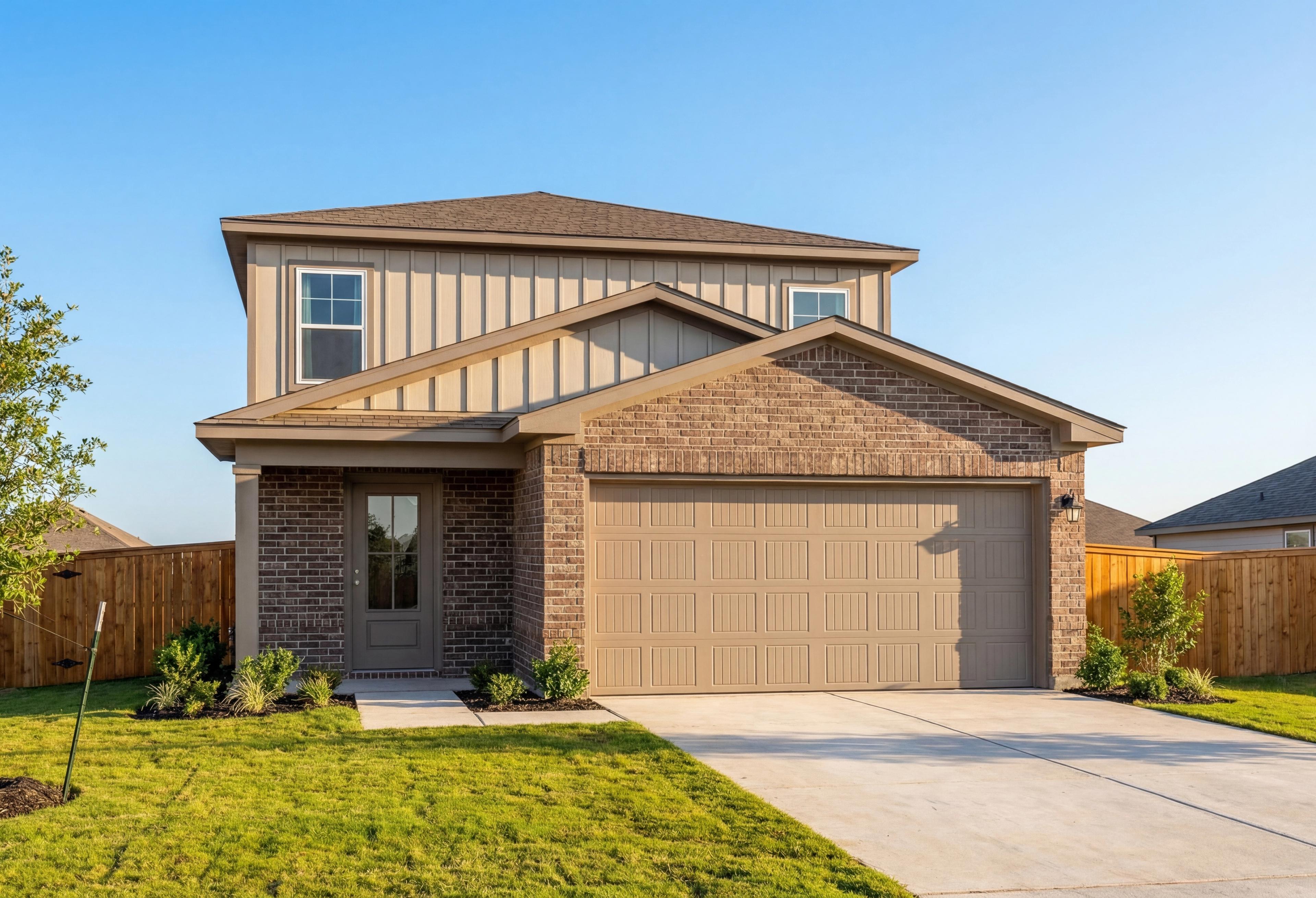 Two-story San Marcos home elevation by Davidson Homes in San Antonio, featuring brick facade, beige siding, two-car garage, and landscaped front yard