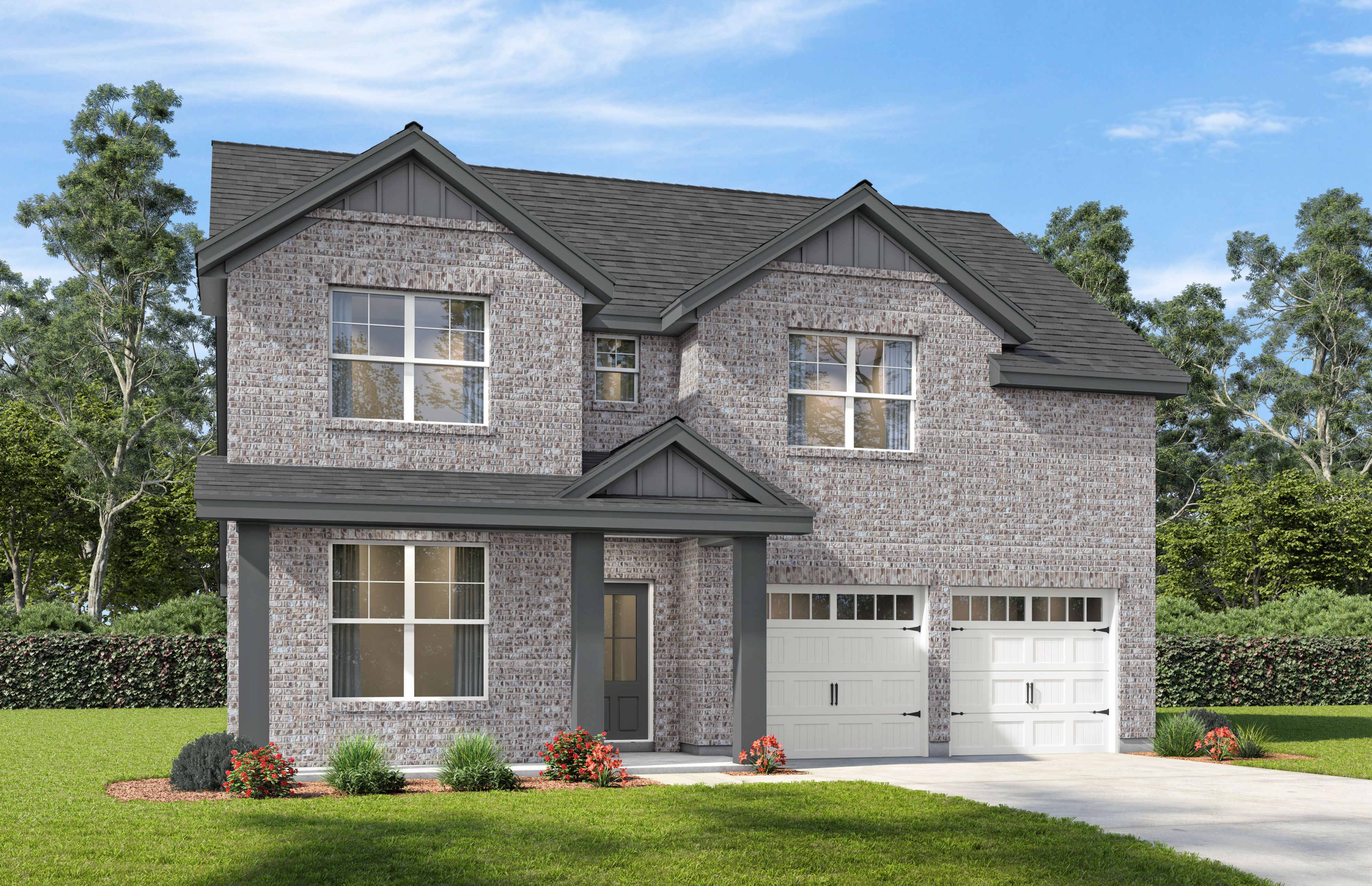 Two-story brick elevation of The Ridgeport D-BF by Davidson Homes featuring covered porch and 2-car garage in Mt. Juliet, TN