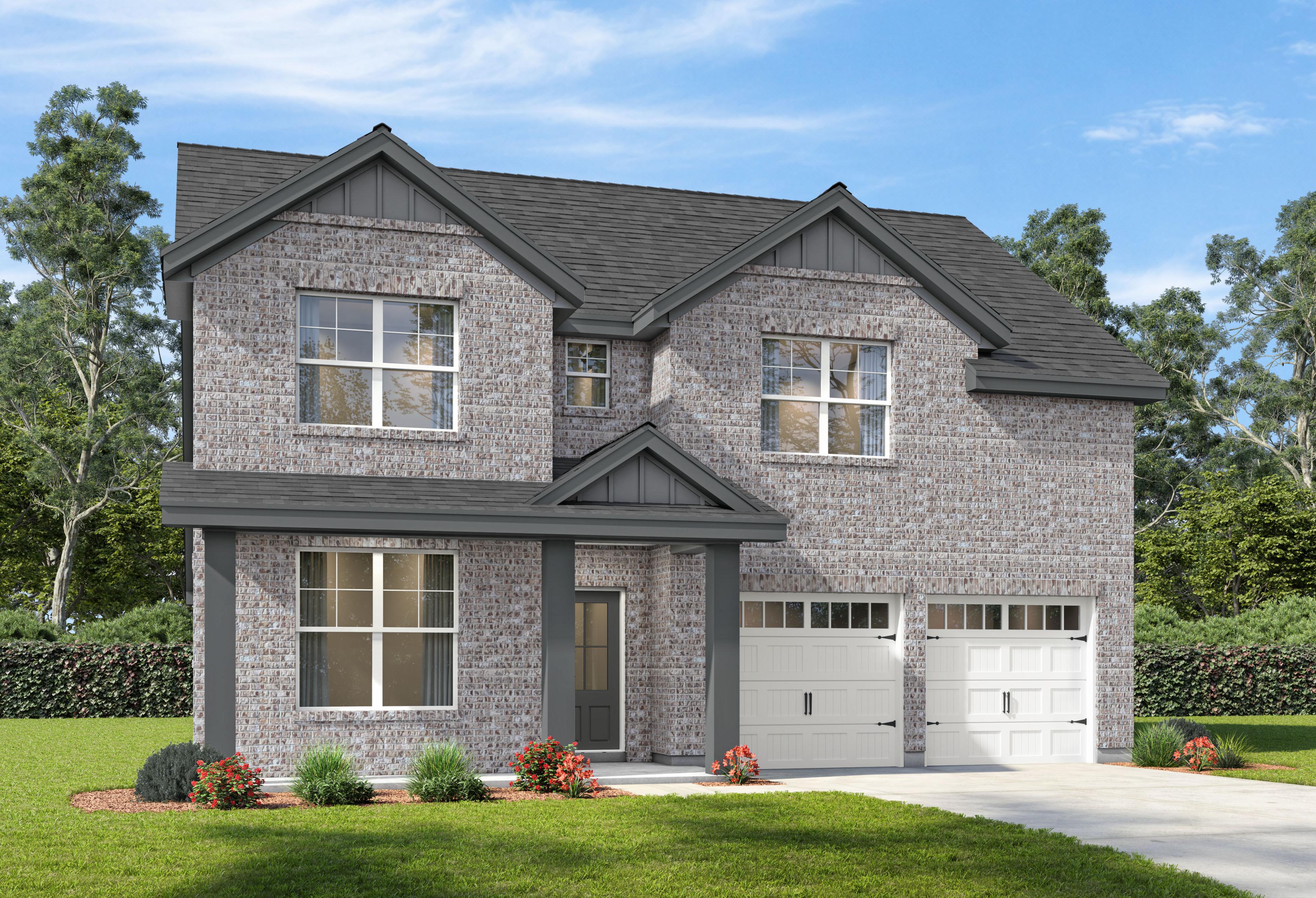 Two-story brick elevation of The Ridgeport D-BF by Davidson Homes featuring covered porch and 2-car garage in Mt. Juliet, TN