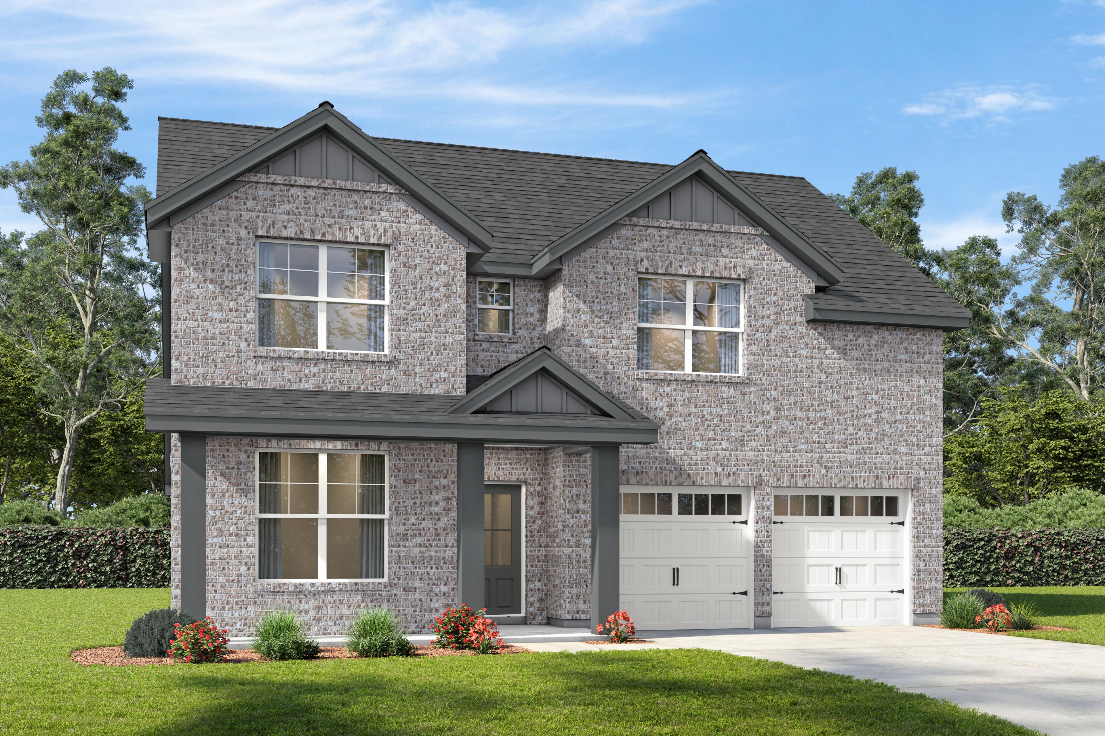 Two-story brick elevation of The Ridgeport D-BF by Davidson Homes featuring covered porch and 2-car garage in Mt. Juliet, TN