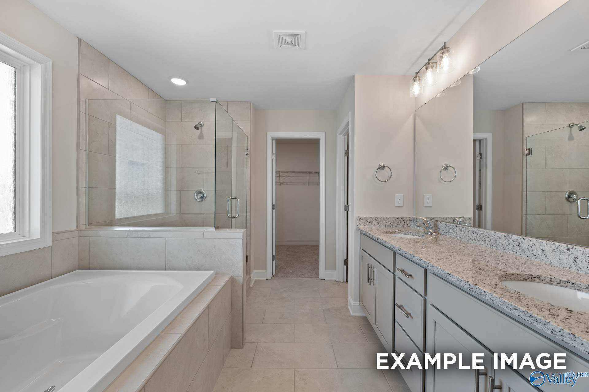 Luxurious master bathroom with soaking tub, glass shower enclosure, quartz double vanity in The Madison A by Davidson Homes, Toney, AL