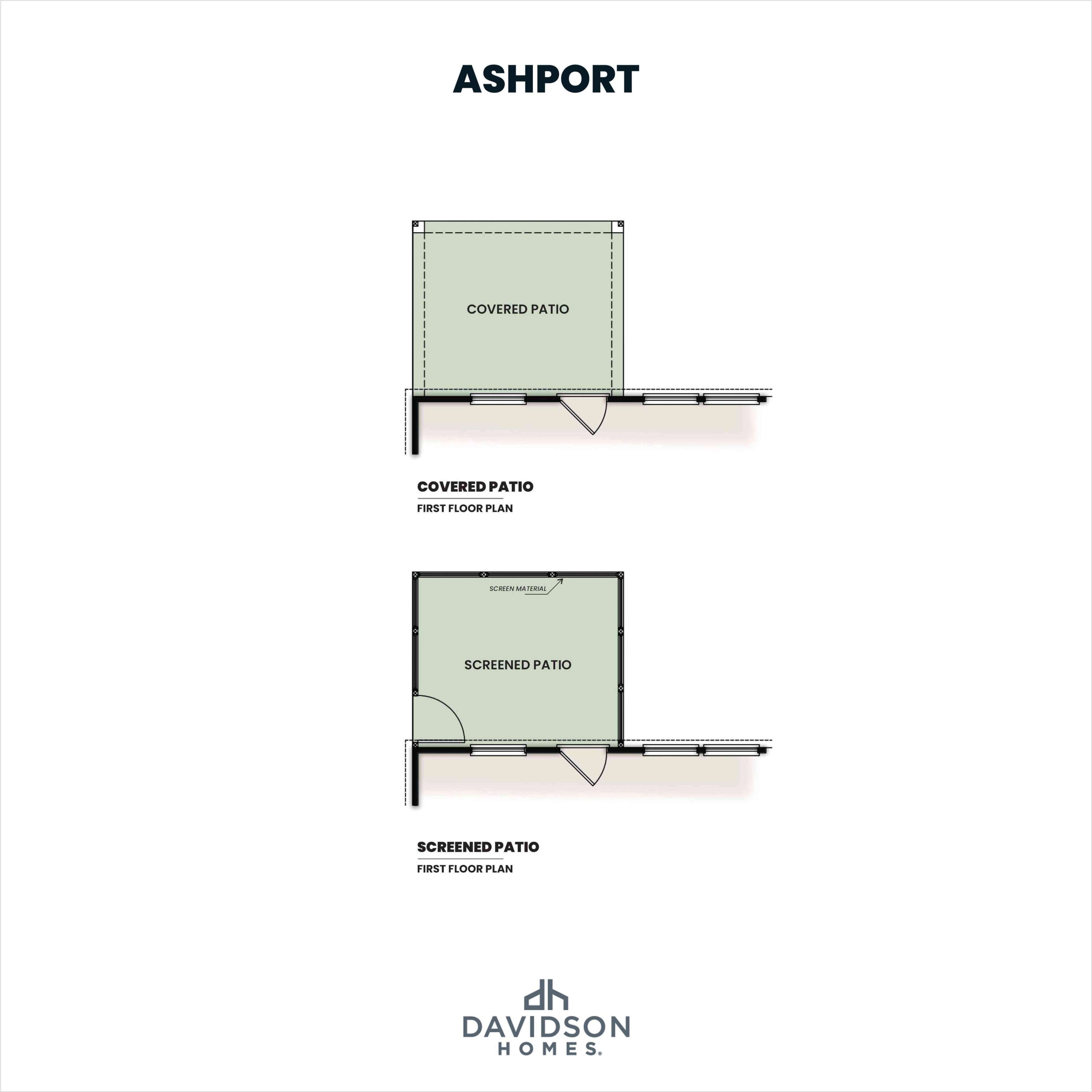 Ashport first floor plan options by Davidson Homes: covered patio, screened patio