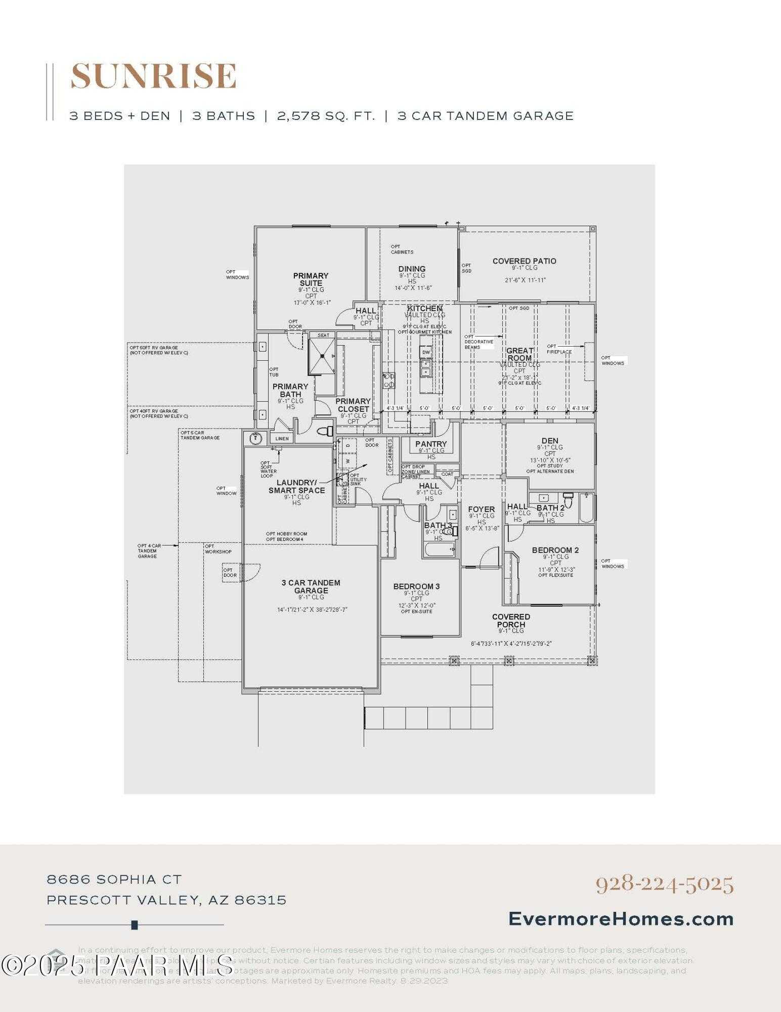 Sunrise A floor plan: 3-bed, 3-bath, 2,578 sq ft 1-story home with 4-car garage by Evermore Homes in Morningstar, Prescott Valley, AZ