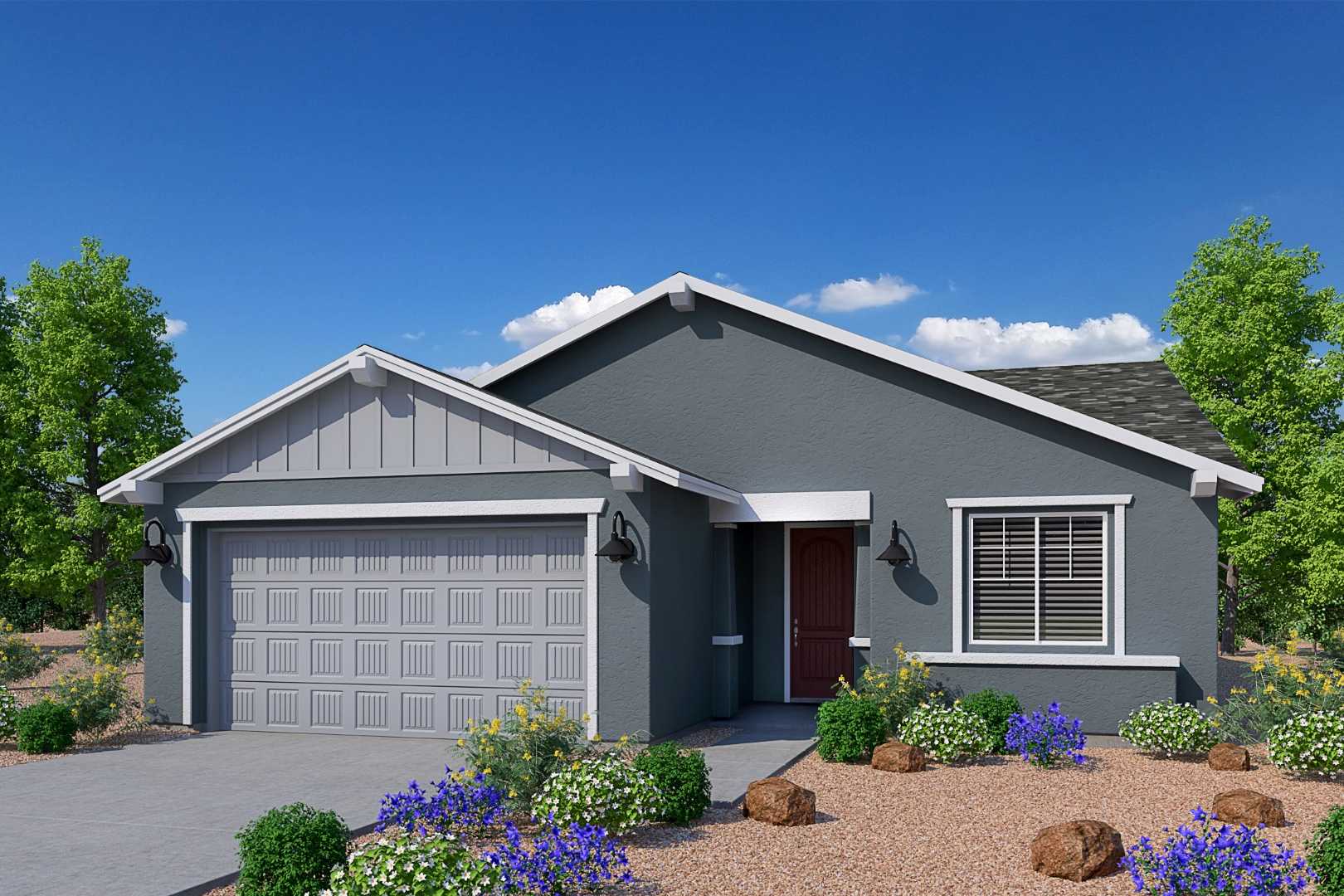 Modern gray single-story Cimarron II home with 2-car garage, desert landscaping, and master suite in Prescott Arizona