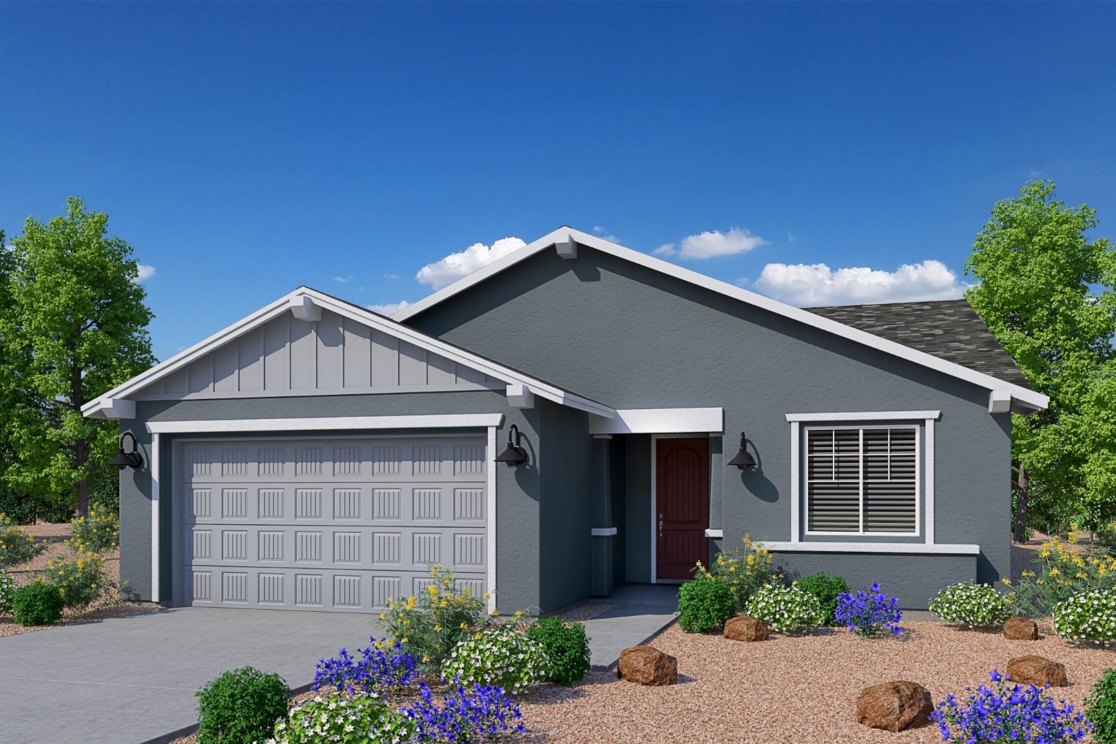 Modern gray single-story Cimarron II home with 2-car garage, desert landscaping, and master suite in Prescott Arizona