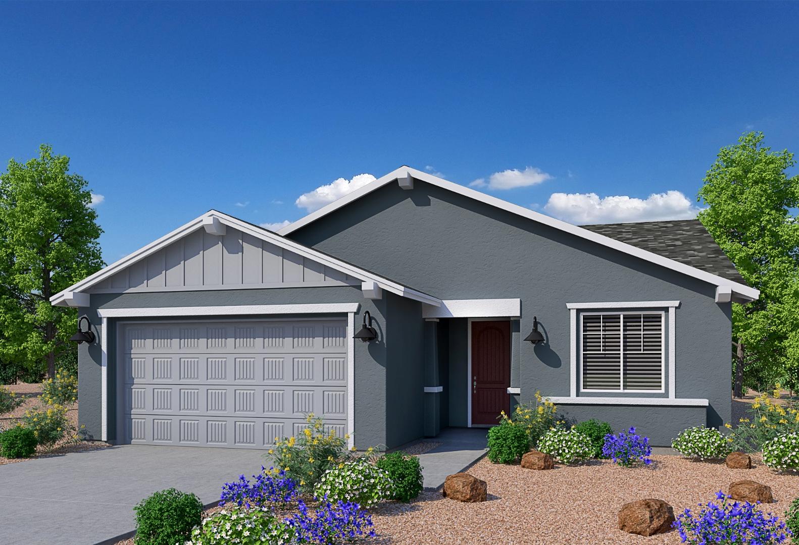 Modern gray single-story Cimarron II home with 2-car garage, desert landscaping, and master suite in Prescott Arizona
