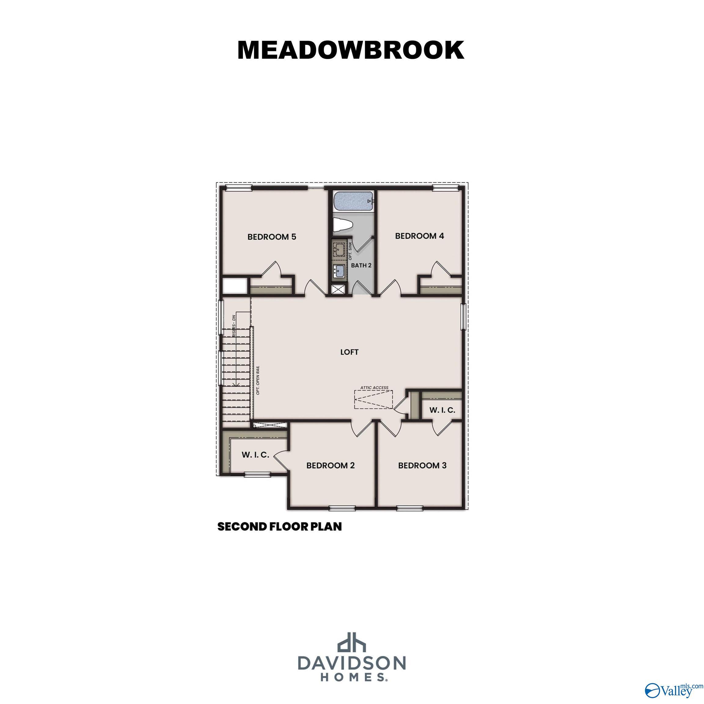 Second floor plan for The Meadowbrook C by Davidson Homes, featuring a loft, four bedrooms, and a full bath in Huntsville.