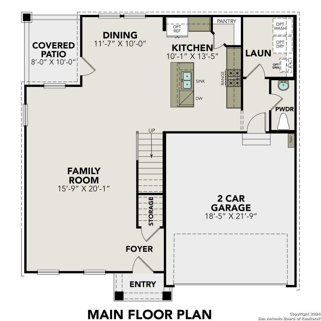 Main floor plan of The Murray H: open family room, kitchen with island, dining, 2-car garage in Hannah Heights, Seguin, Texas